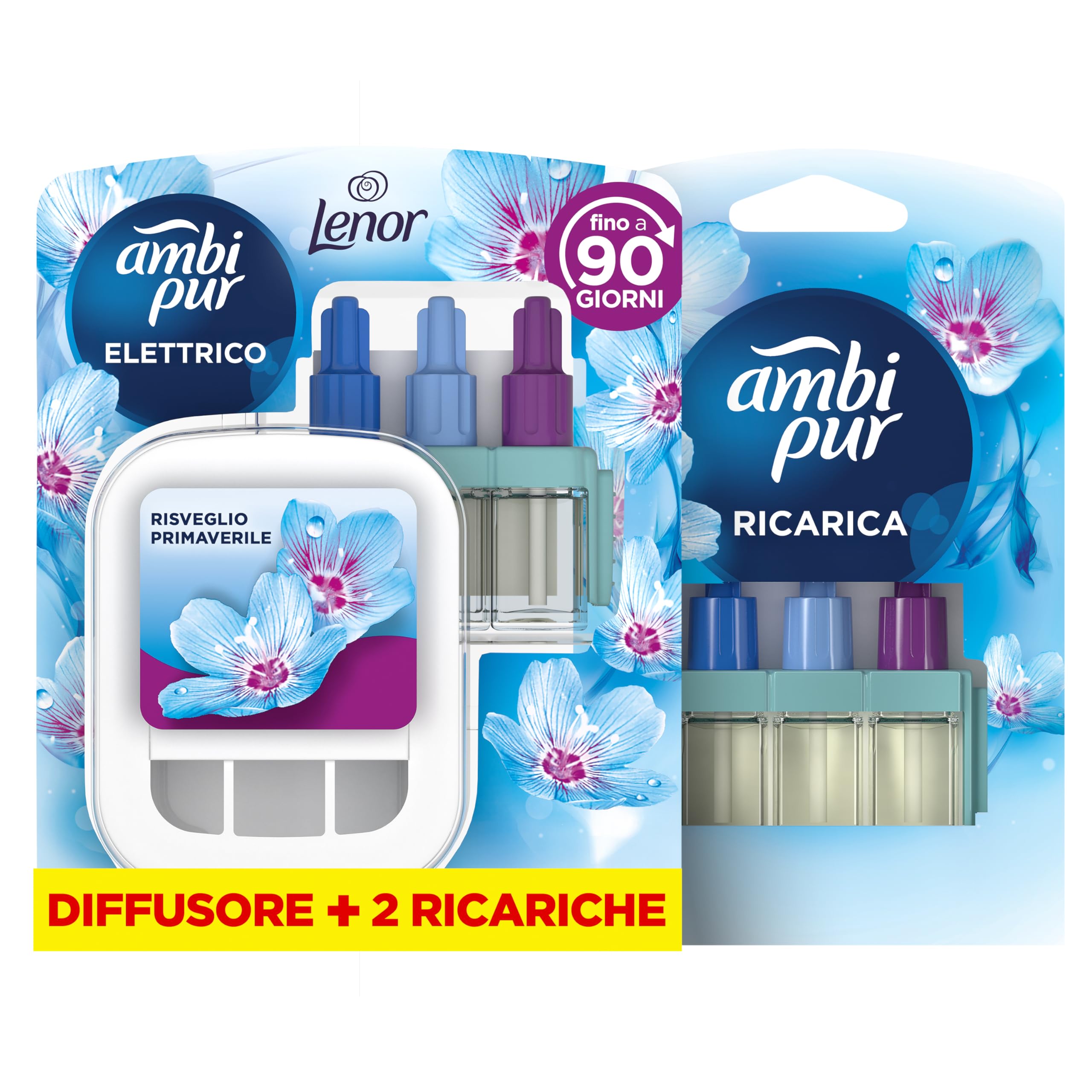 Ambi Pur 3Volution Profumatore per Ambienti, Diffusore Elettrico e 2 Ricariche, Fragranza Lenor Risveglio Primaverile, tecnologia Elimina Odori, Fino a 90 Giorni di Profumo per Ricarica