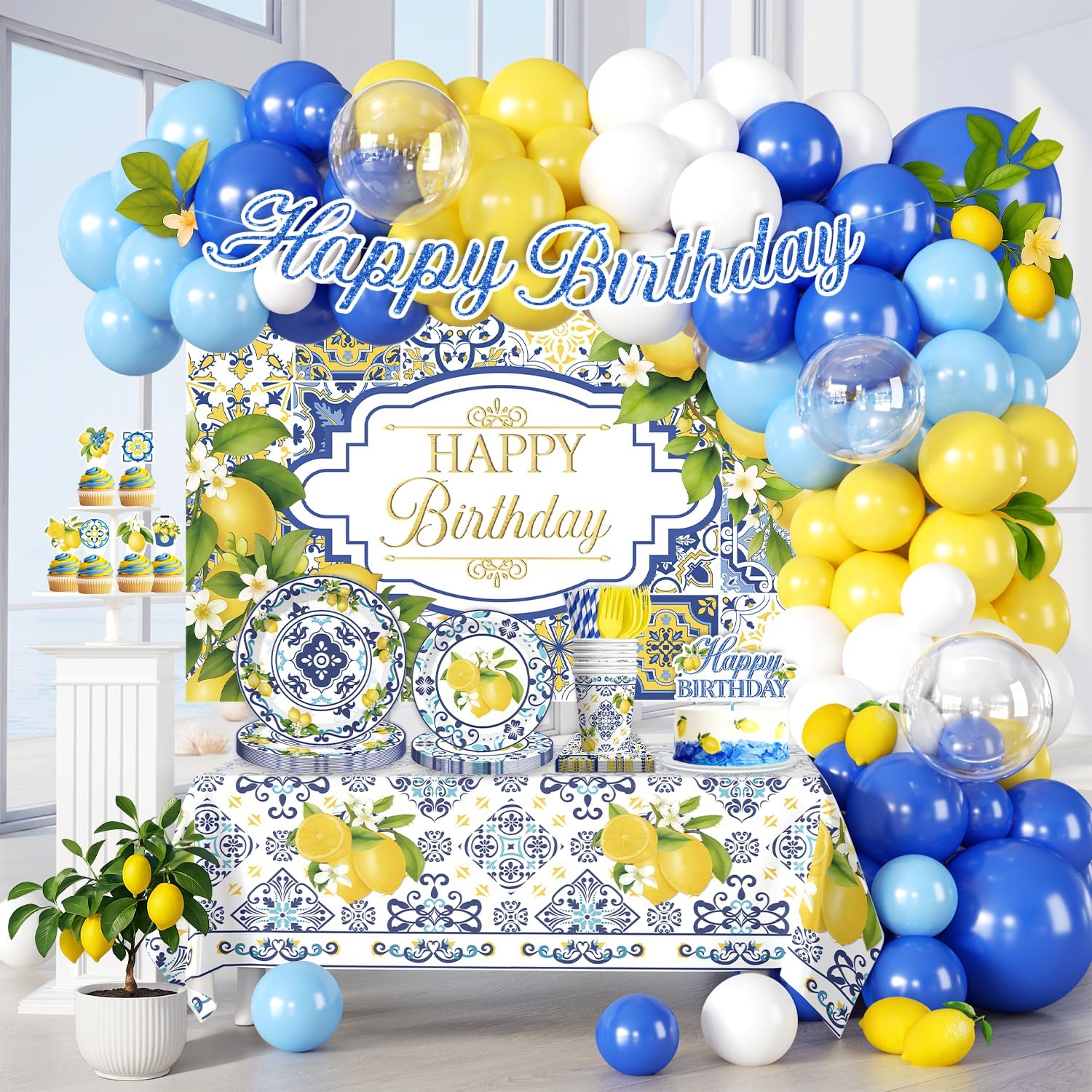 Cocomigo 282pcs Lemon Party Decorations, Worry-free One-stop Set for 25 People, Includes Thickened Plates Backdrop Cupcake Toppers and Tablecloths, Easy Setup for Lemon Birthday Party