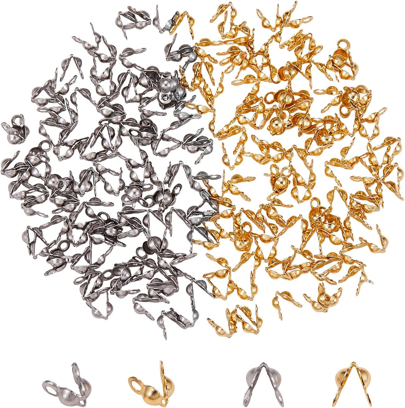 LiQunSweet 200 Pcs 2 Colors 304 Stainless Steel Bead Tips Calotte Ends Fold-Over Clamshell Knot Cover Knots & Crimp Ends Caps for Jewelry Making