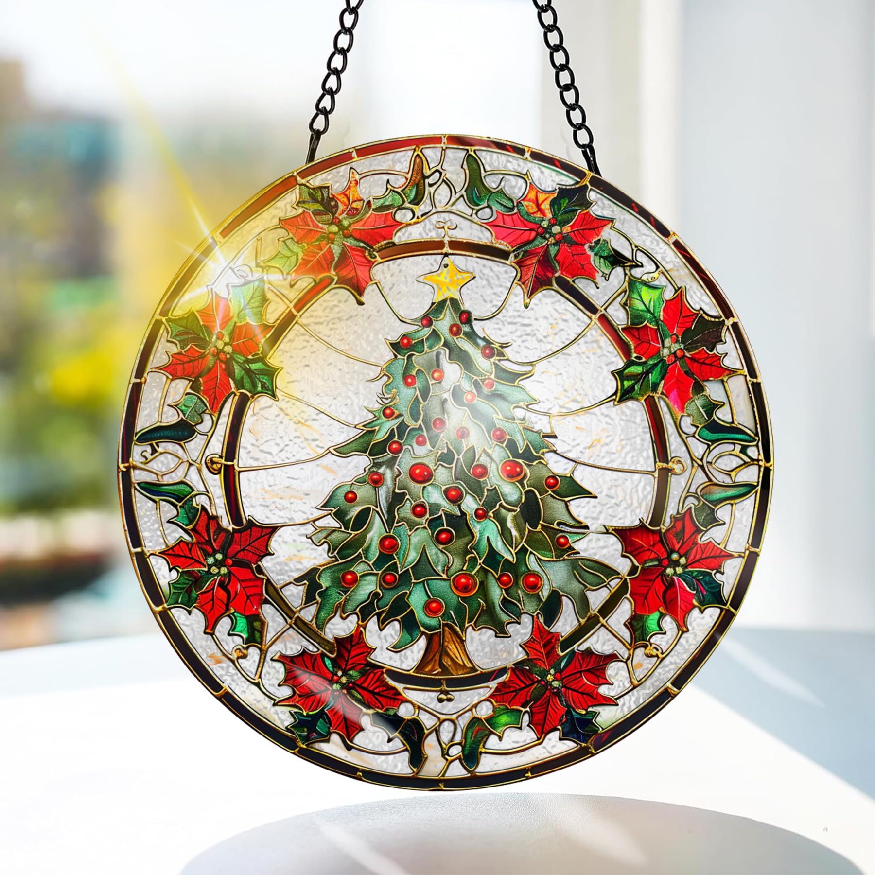 Bimkole Christmas Tree Stained Glass Suncatcher Window Hanging - Leaves Indoor Window or Doorway Decoration - Handmade Sun Catcher Decor for Garden Home Christmas & Birthday Gifts 7.87x7.87 inch