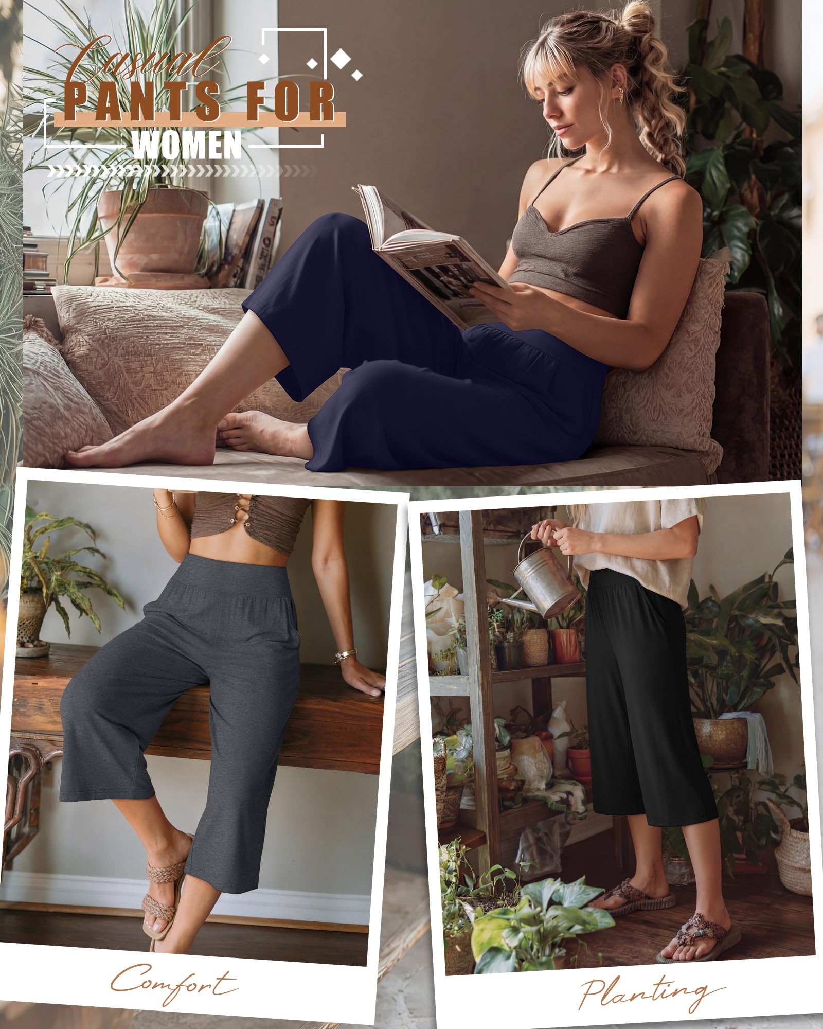 Neer Lot de 3 Pantalons Capri pour Femme - Jambes Larges - Taille Haute - Pantalon Court de Loisirs avec Poche