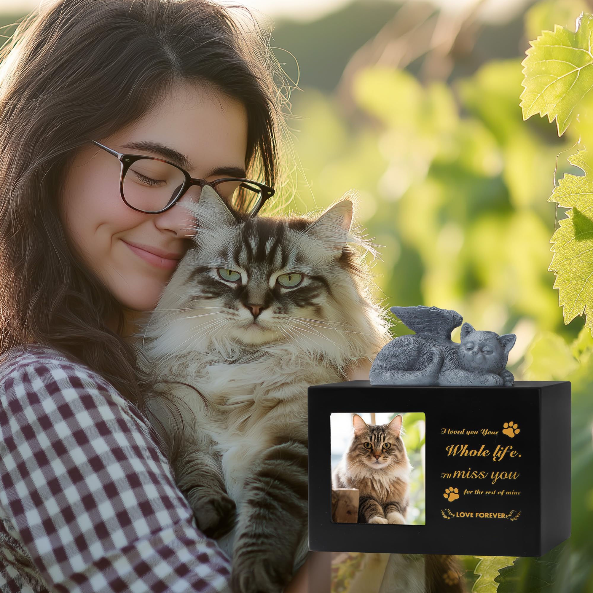 Pet Urns for Cat, Pet Memory Box, Black Wooden Cat Urns for Ashes, w zestawie z figurką kota z żywicy i aksamitną torbą do przechowywania prochów