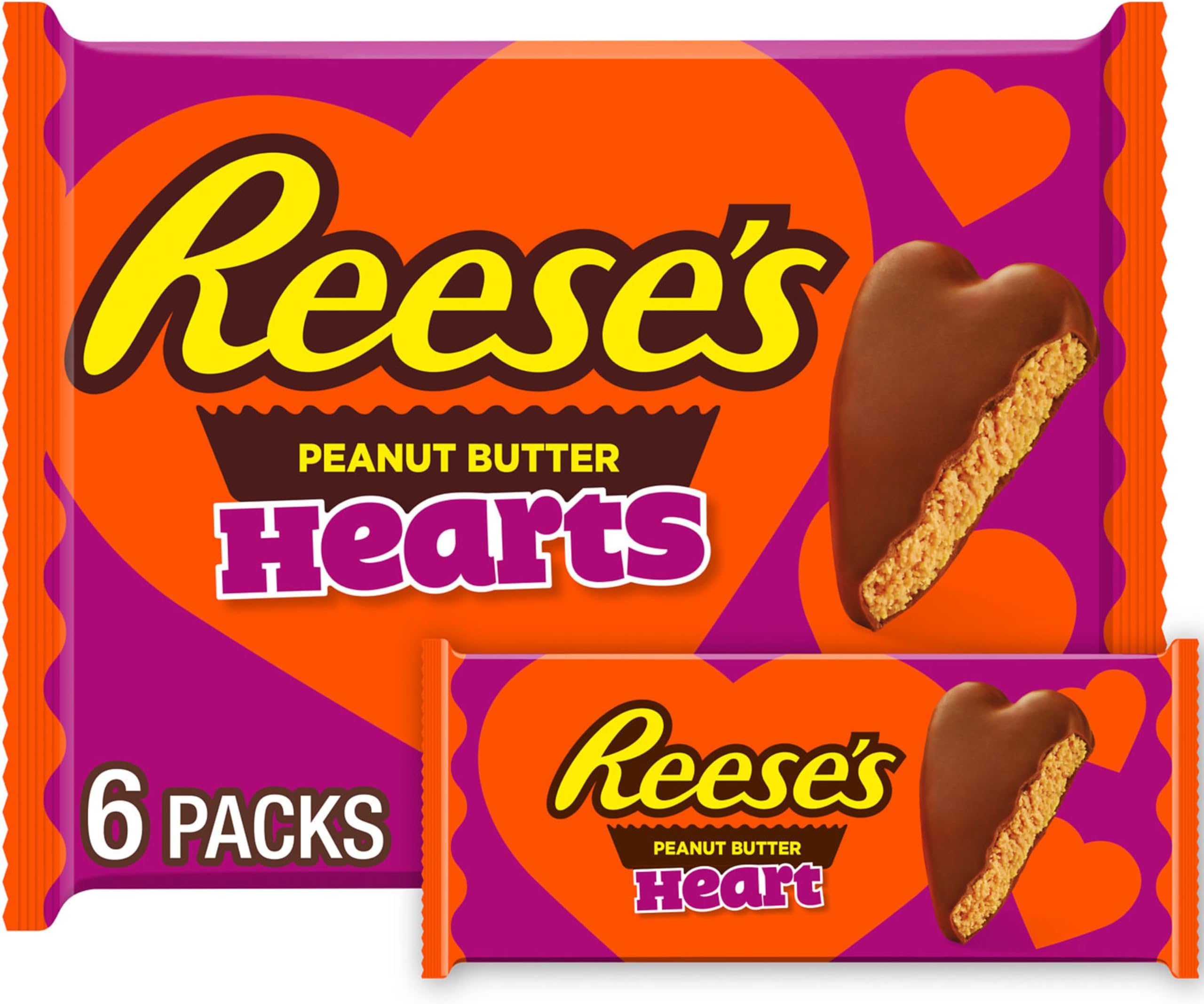 Milk Chocolate Peanut Butter Hearts, Valentine's Candy Packs, 1.2 oz (6 Count)