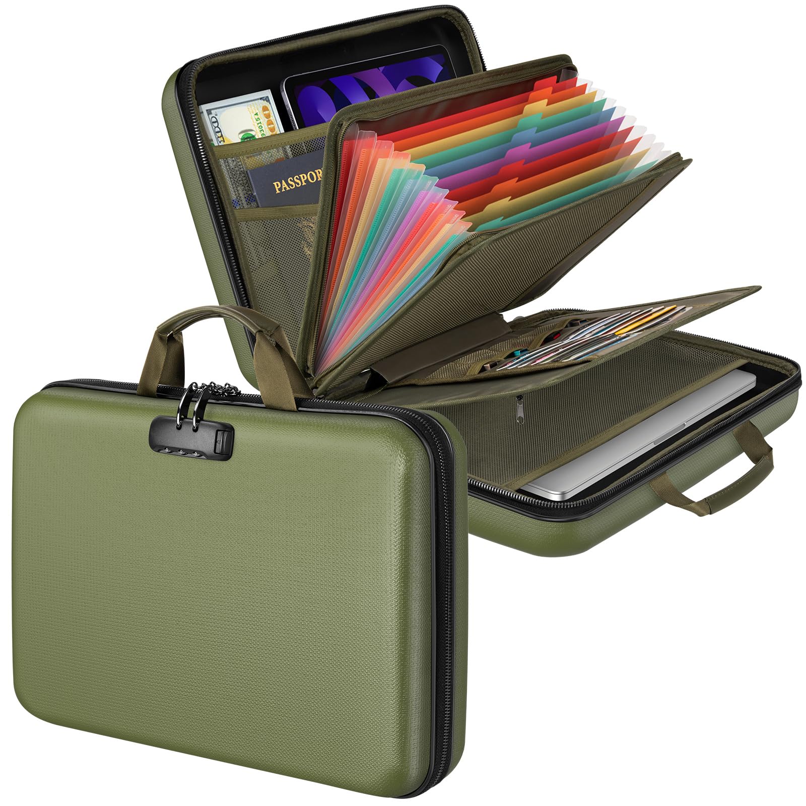 Chokoter Fireproof File Organizer with Lock, Hard-Shell Case Fireproof Document Box with 13 Pocket Accordion File Folders, Safe Document Organizer for Home Office Travel (Green)