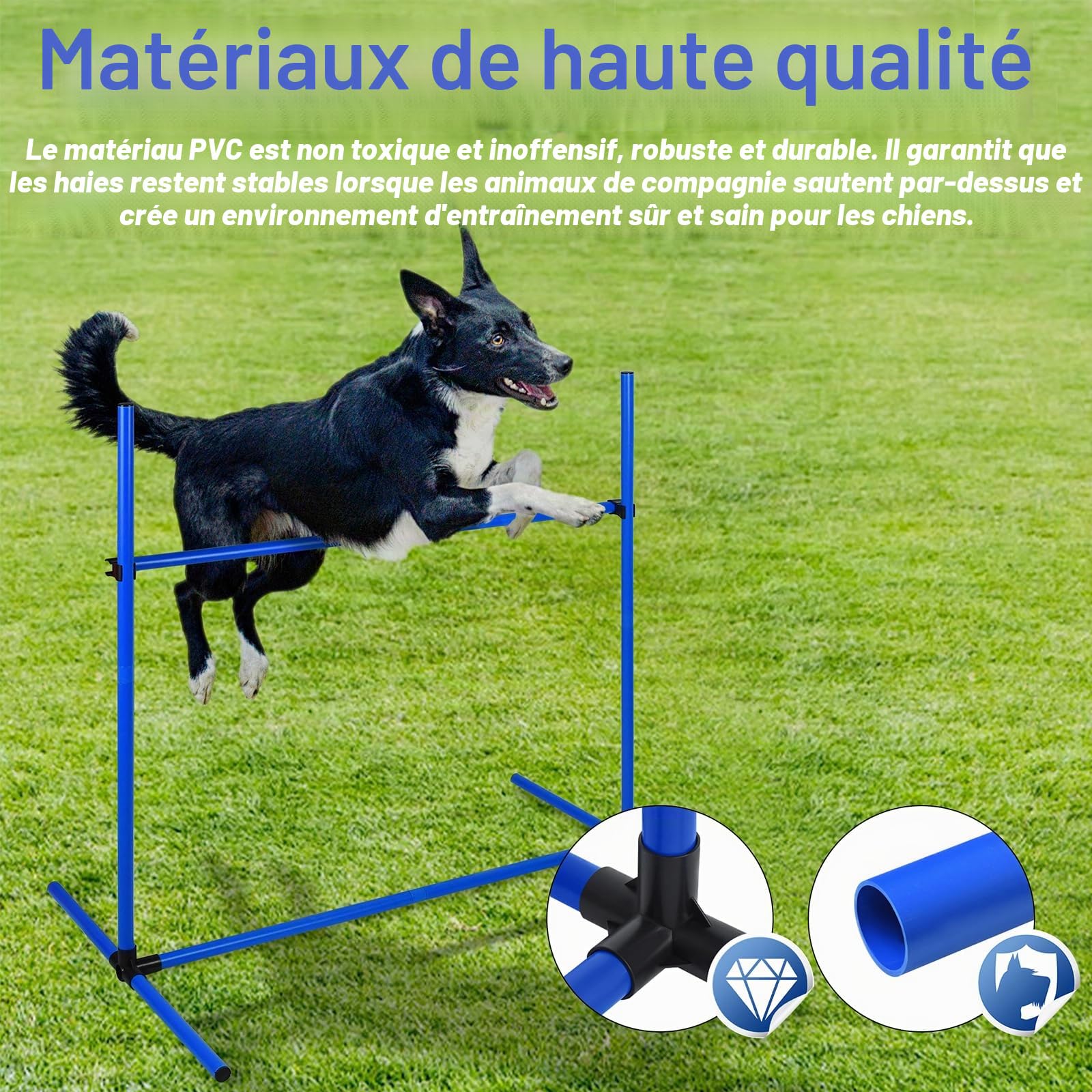 Ensemble d'obstacles d'agilité pour animaux de compagnie, set de 4 tiges de slalom pour entraînement de chien avec sac de transport, hauteur réglable, en plastique, bleu