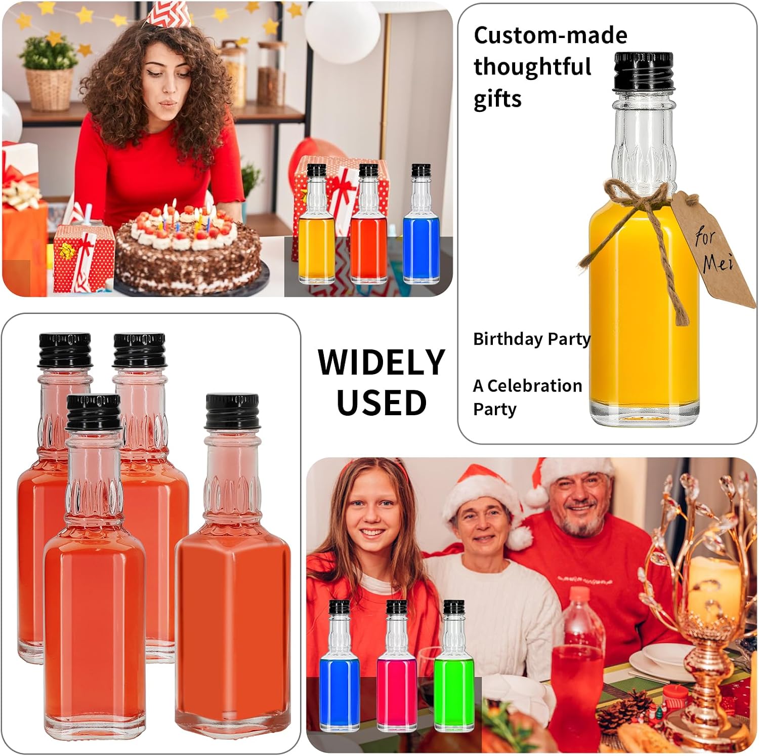 25Pcs Glass 1.7oz 50ml Square patterned neckline Mini Glass Liquor Bottles with Lids Small Wine Bottle Reusable Empty Alcohol Bottles with Black Screw Cap (25)