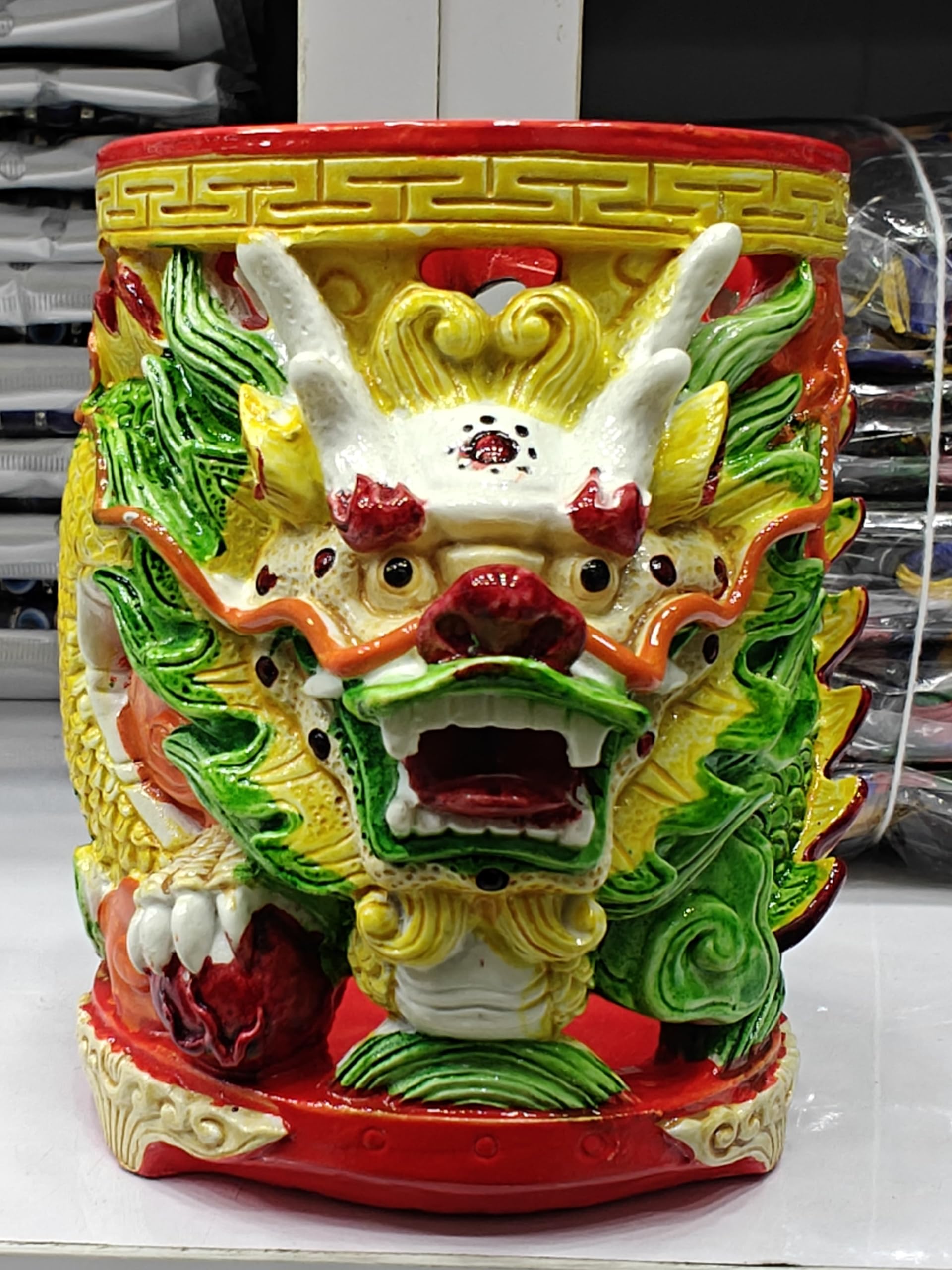 chinese dragon beautiful multicolour pen stand hand-painted | 3d dragon sculpture, glazed finish, asian home decor, cylindrical shape, indoor accent piece