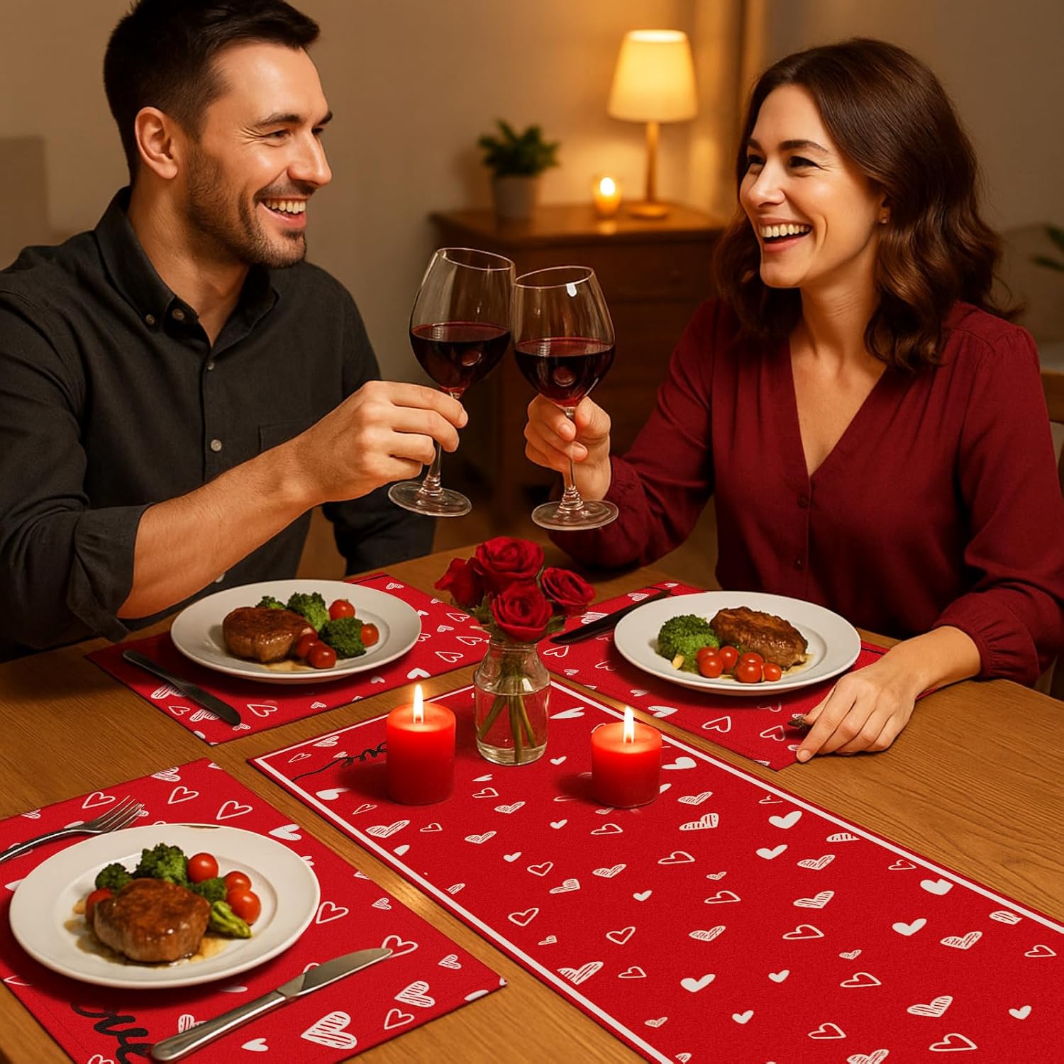 VitalCozy 7 Pcs Valentines Day Table Runner and Placemat Set 72 x 13 Inch Red Love Hearts Runner Anniversary Valentines Table Mat for Holiday Kitchen Dining Wedding Decoration