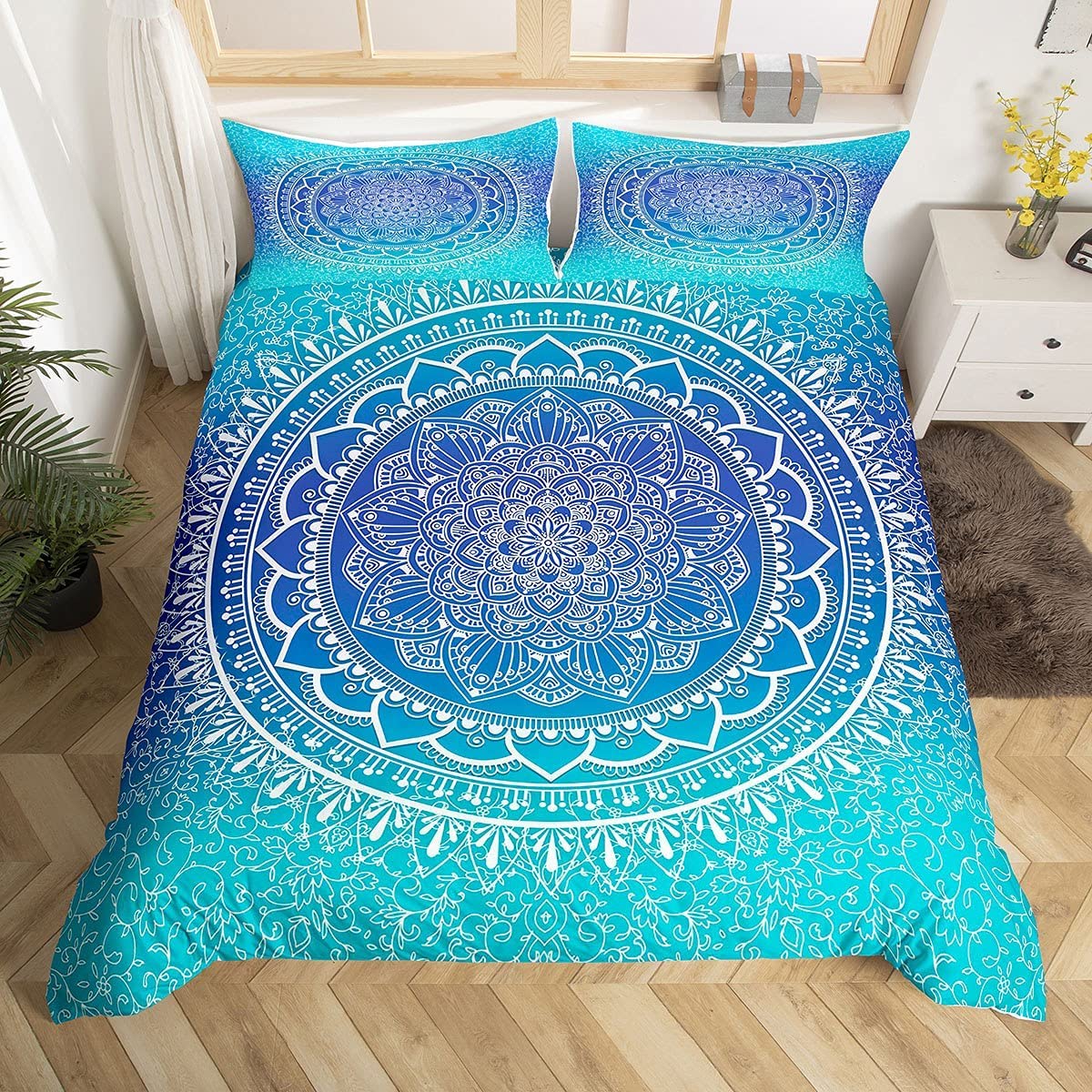 Loussiesd Multicoloured 31 Mandala Comforter Cover King Size Ethnic Boho Exotic Duvet Cover 3 Piece Bed Cover Blue Comforter Cover Bohemian Flower Floral Bedroom Bedspreads Sets With 2 Pillow Shams Zipper Ties