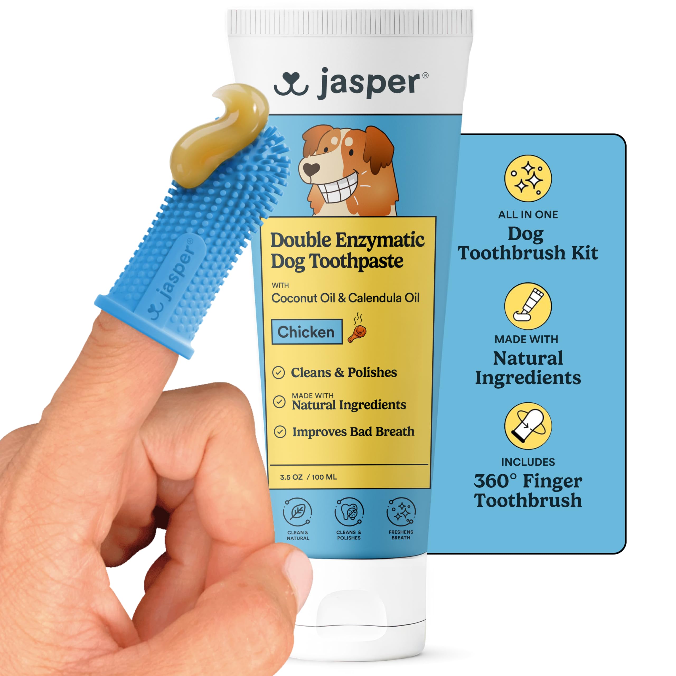 Jasper Kit di spazzolatura dei denti per cani e kit di dentifricio per cani 360 Spazzolino da denti per cani Rimozione enzimatica della placca Imporve alito cattivo Dentifricio naturale per animali