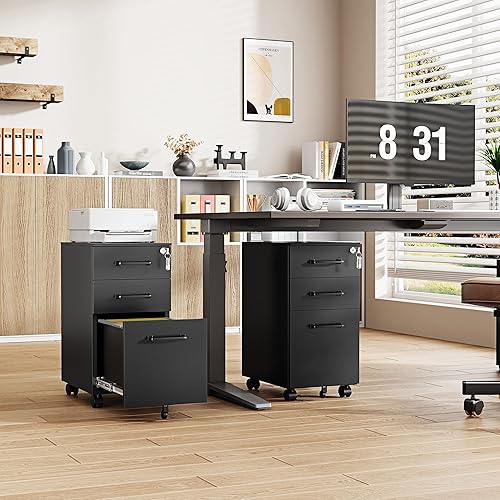 Vista 111 de Archivador móvil de 3 cajones con cerradura, gabinete de almacenamiento debajo del escritorio para oficina en casa, archivador vertical