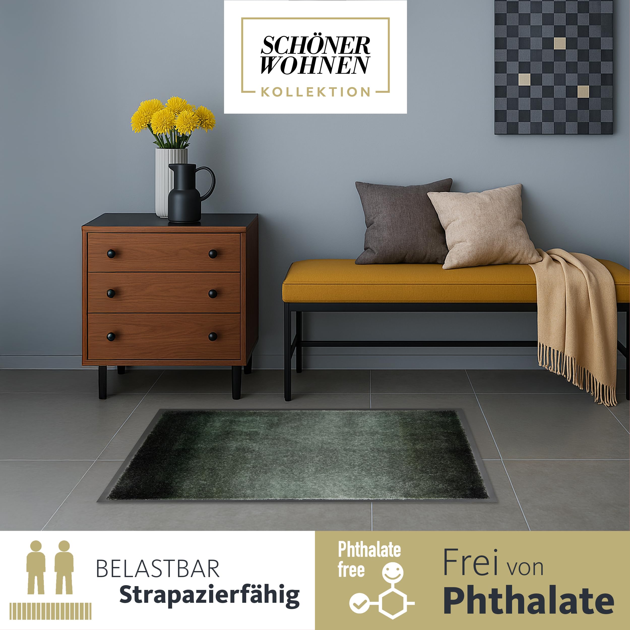 Schöner Wohnen Kollektion Wycieraczka wewnętrzna – wycieraczka zatrzymująca brud 50 x 70 cm przebieg w kolorze zielonej leśnej – antypoślizgowa mata do czyszczenia drzwi wejściowych – wycieraczka