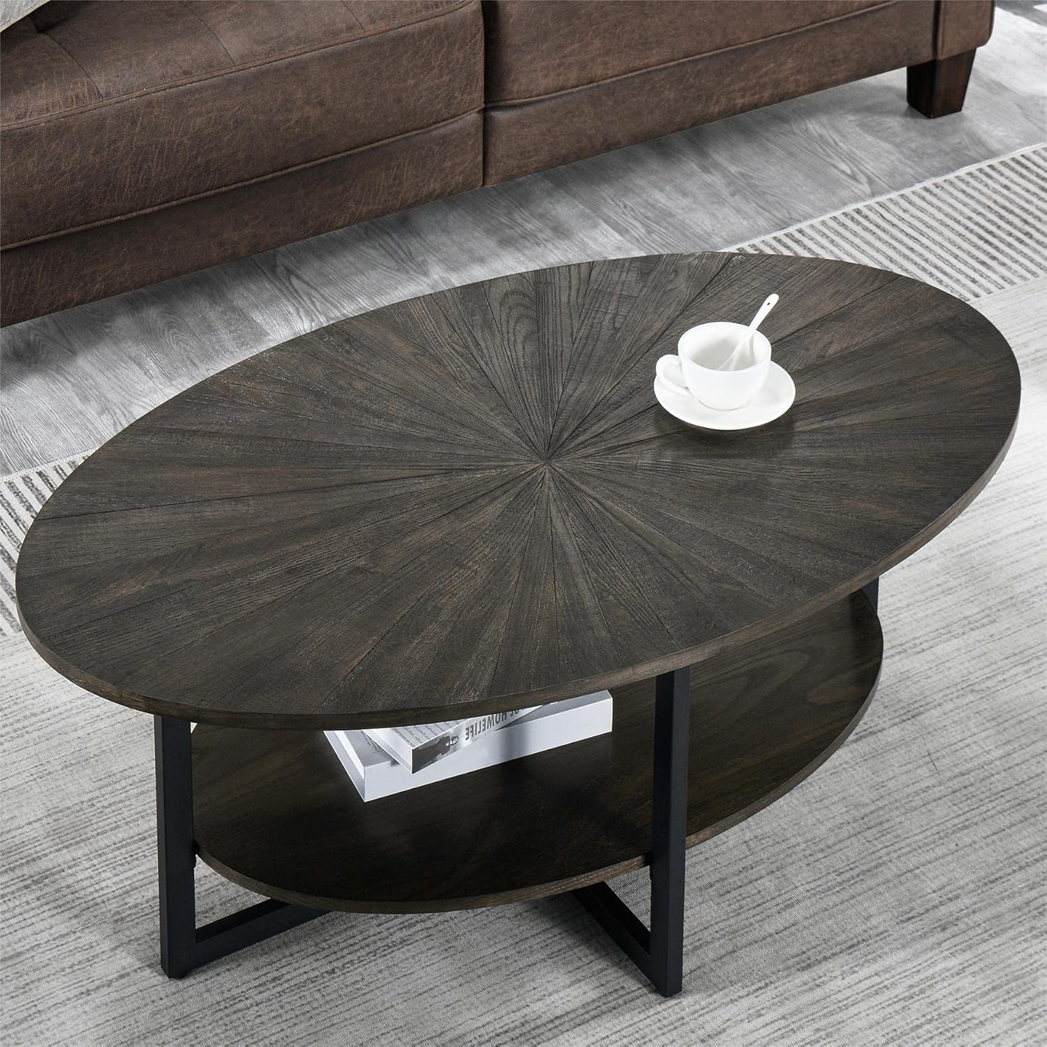 LEEMTORIG Oval Coffee Tables for Living Room, Oval Round Wood Coffee Table