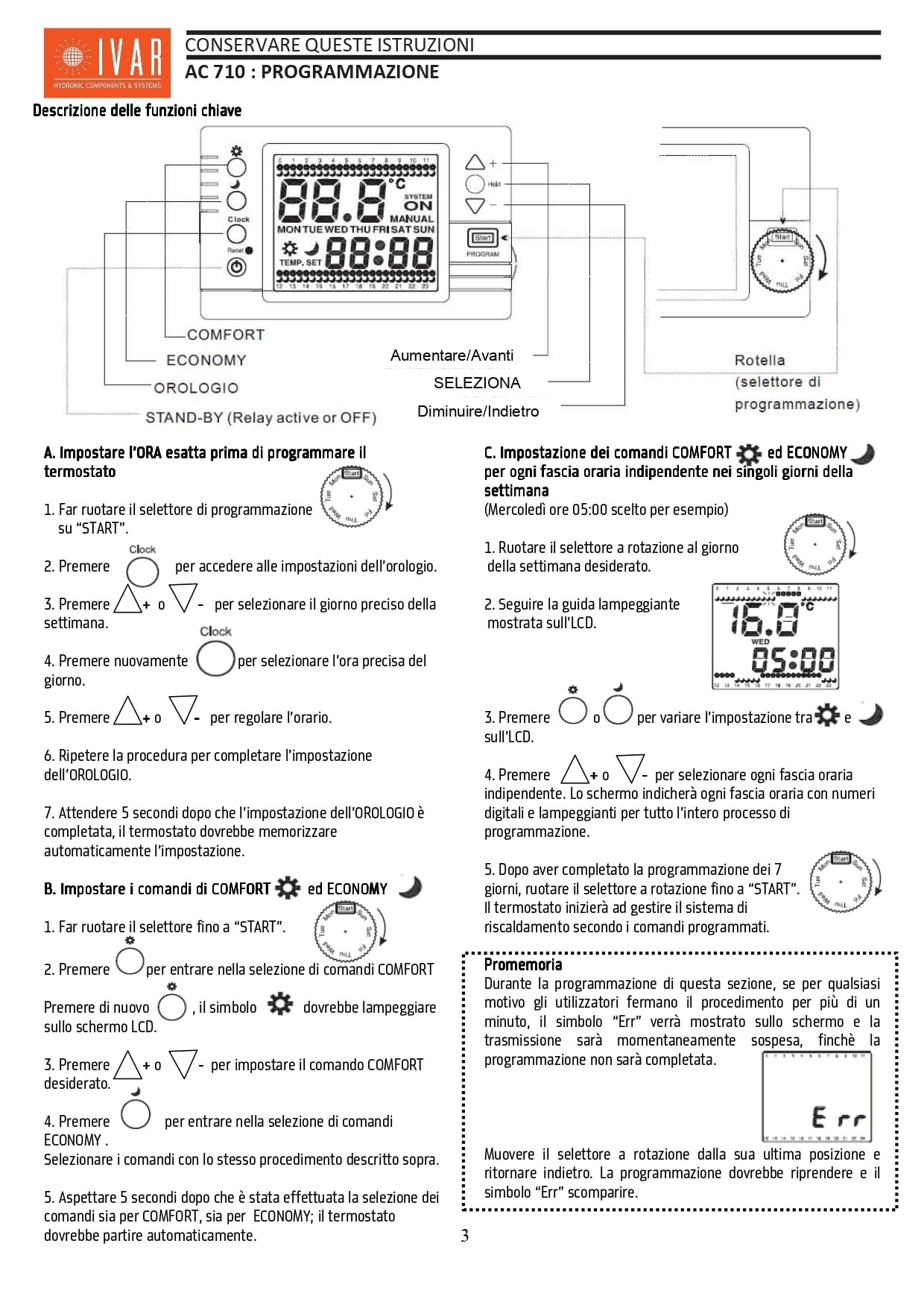 Ivar Cronotermostato AC710 Giornaliero/Settimanale a Batterie Bianco 580012