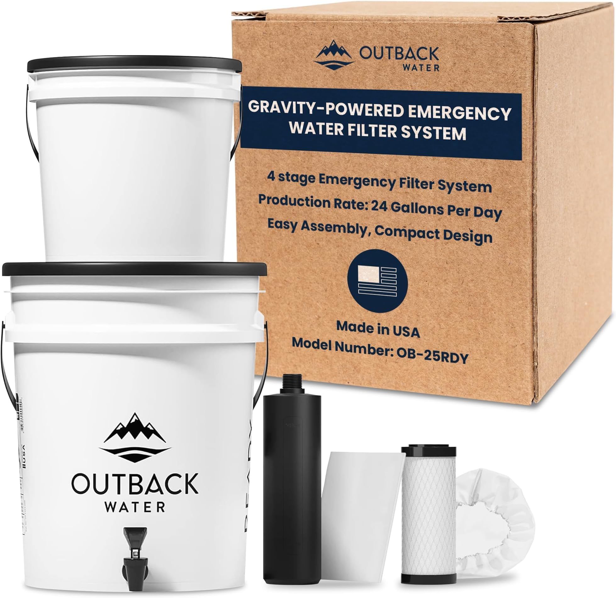 Outback Water Emergency Drinking Water Filter System - Gravity Fed Bucket Potable Water Filtration for Survival, Off-Grid, Disaster Preparedness, Travel, Camping, Bug Out Kit, Up to 24 Gallons a Day