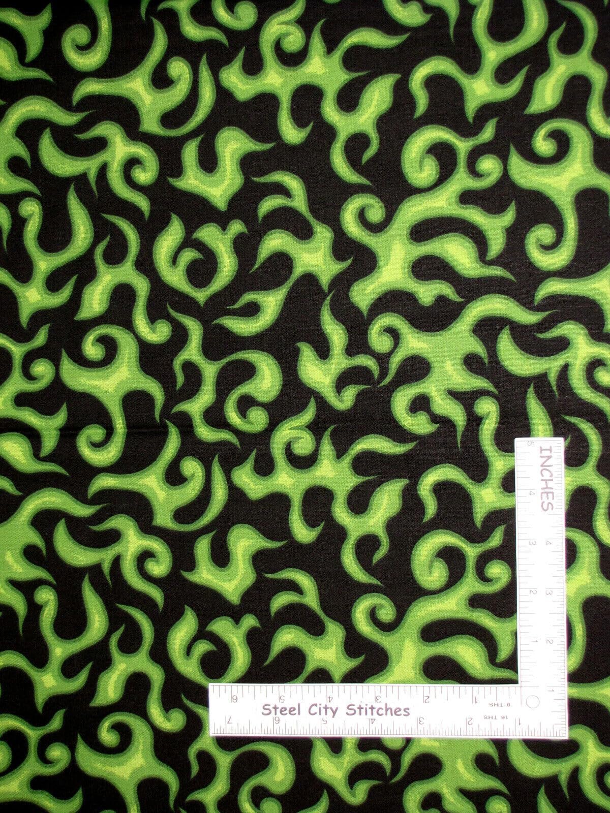 Quality Sewing Fabric – Fire Flame Firefighter Green Flames on Black Cotton Fabric Novelty By the Yard Size: 36" x 44" inches