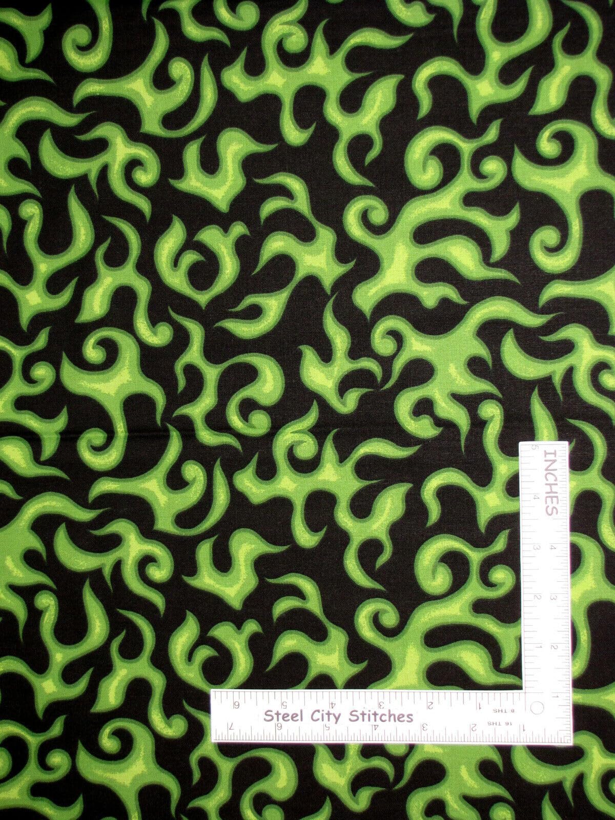 Quality Sewing Fabric – Fire Flame Firefighter Green Flames on Black Cotton Fabric Novelty by The Yard Size: 36" x 44" inches