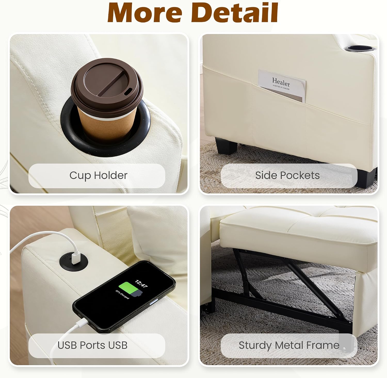 Close-up details of the sofa bed showing cup holders, side pockets, USB charging ports, and the sturdy metal frame