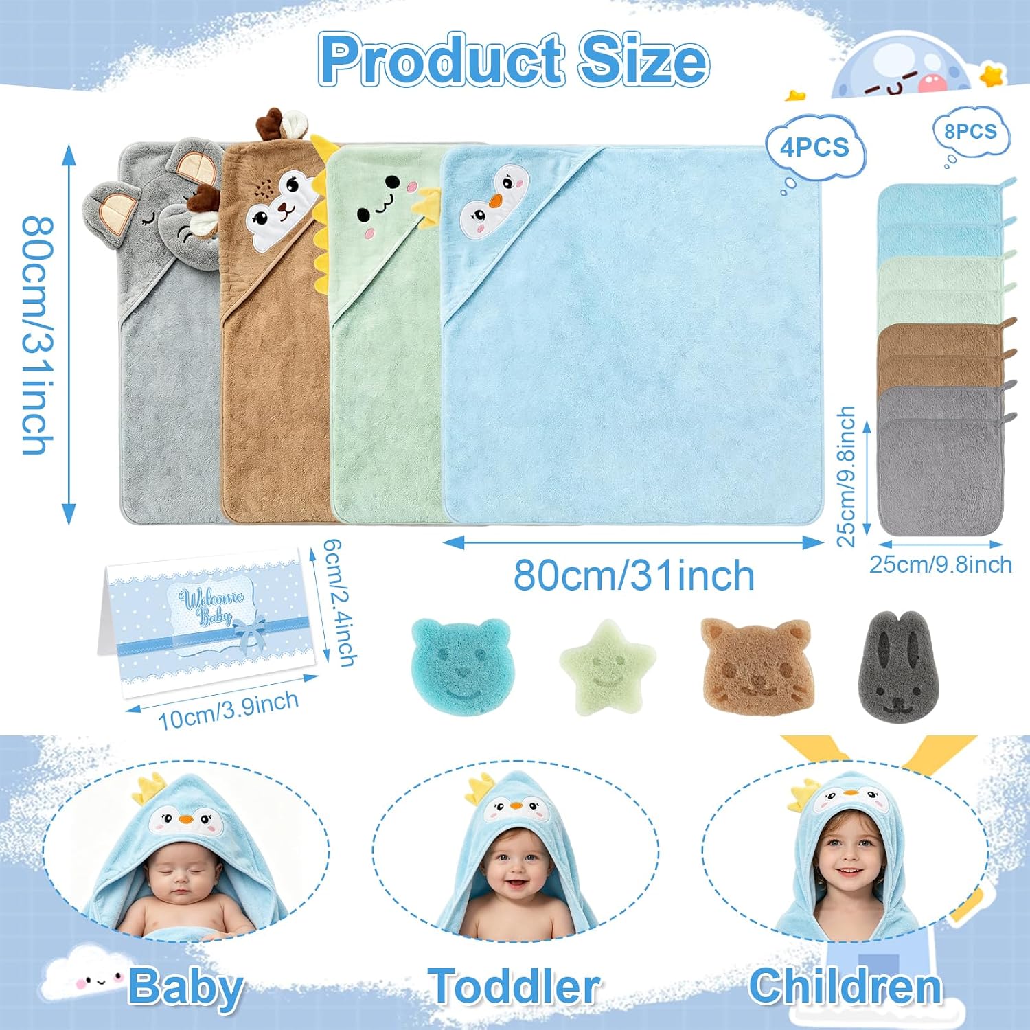 16 PCS Baby Bath Towels Set for Infants Toddlers,4 PCS Toddlers Hooded Baby Towels & Bath Sponge,8 PCS Washcloths for Baby Shower, Boys Girls Soft Absorbent Baby Bath Towels for Newborn Gifts ﻿