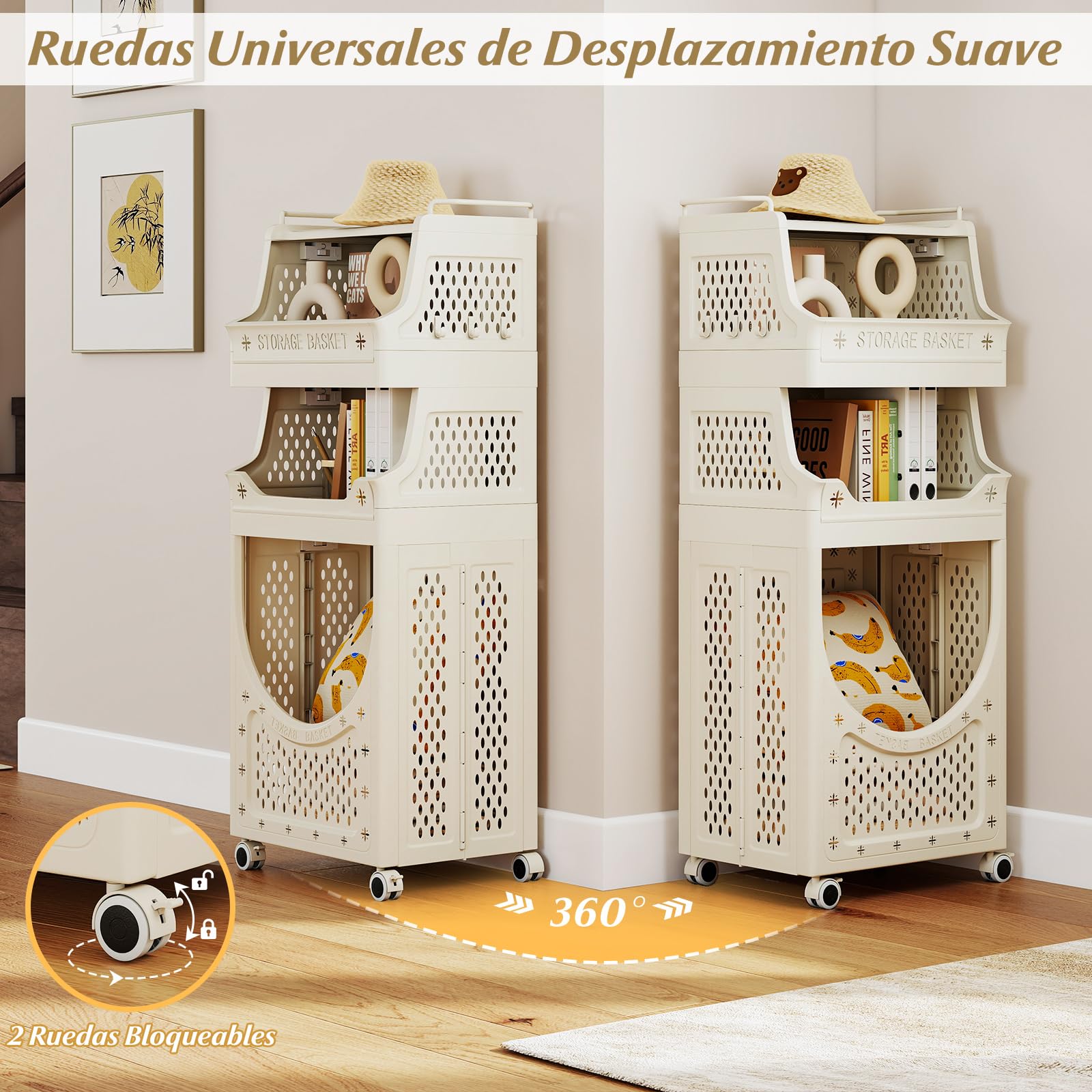 GOPLUS Carrito para Ropa Sucia con Ruedas, Cesta de Ropa con 3/4 Estantes y Cubo Extraíble, Compartimento Abierto y 6 Ganchos, Contenedor Plegable Plástico para Baño Lavandería (21L+21L+40L)