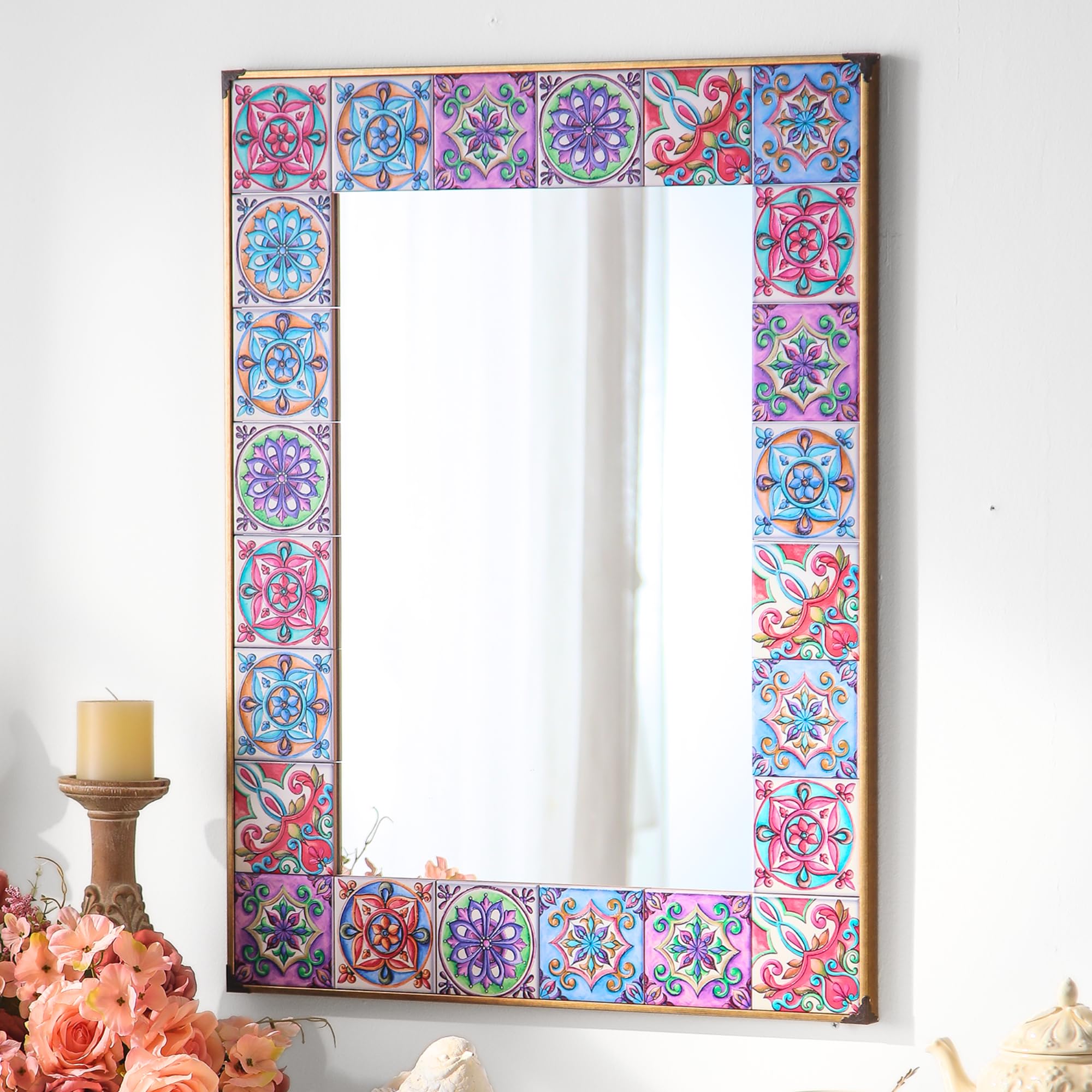 ZIYOO Handcrafted Bohemian Style Decorative Wall Mirror – Colorful Boho Tile Frame, 24"x36" – Moroccan Inspired Accent for Living Room, Bedroom, or Entryway, 24"x32"