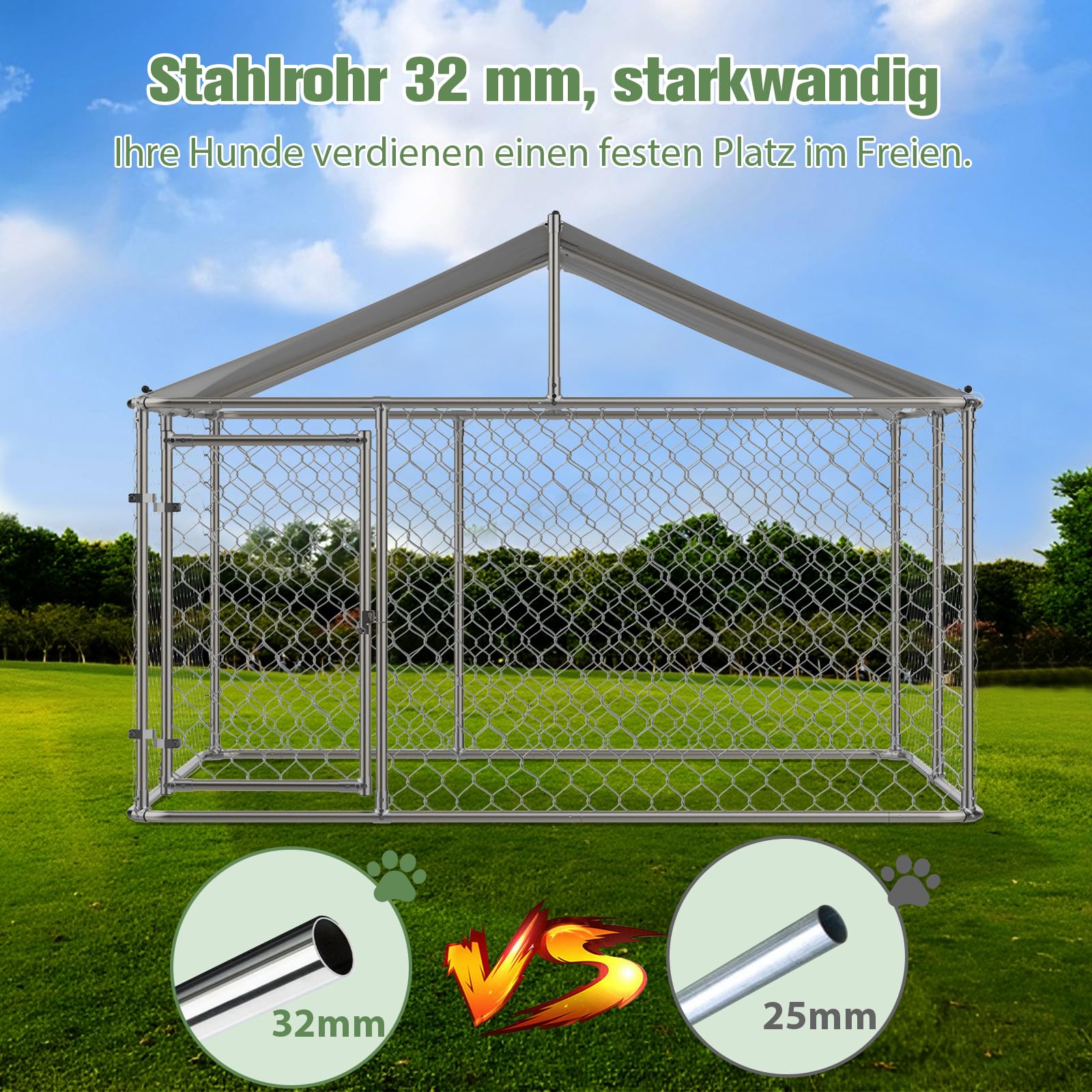 Outdoor Hundezwinger Mit Dach 230x230x117 cm Schwerlast Hundegehege Aus Verzinktem Stahlrohr Mit Verriegelbarer Sicherheitstür UV Beständiger Wasserdichter Abdeckplane Für Garten Terrasse Hof