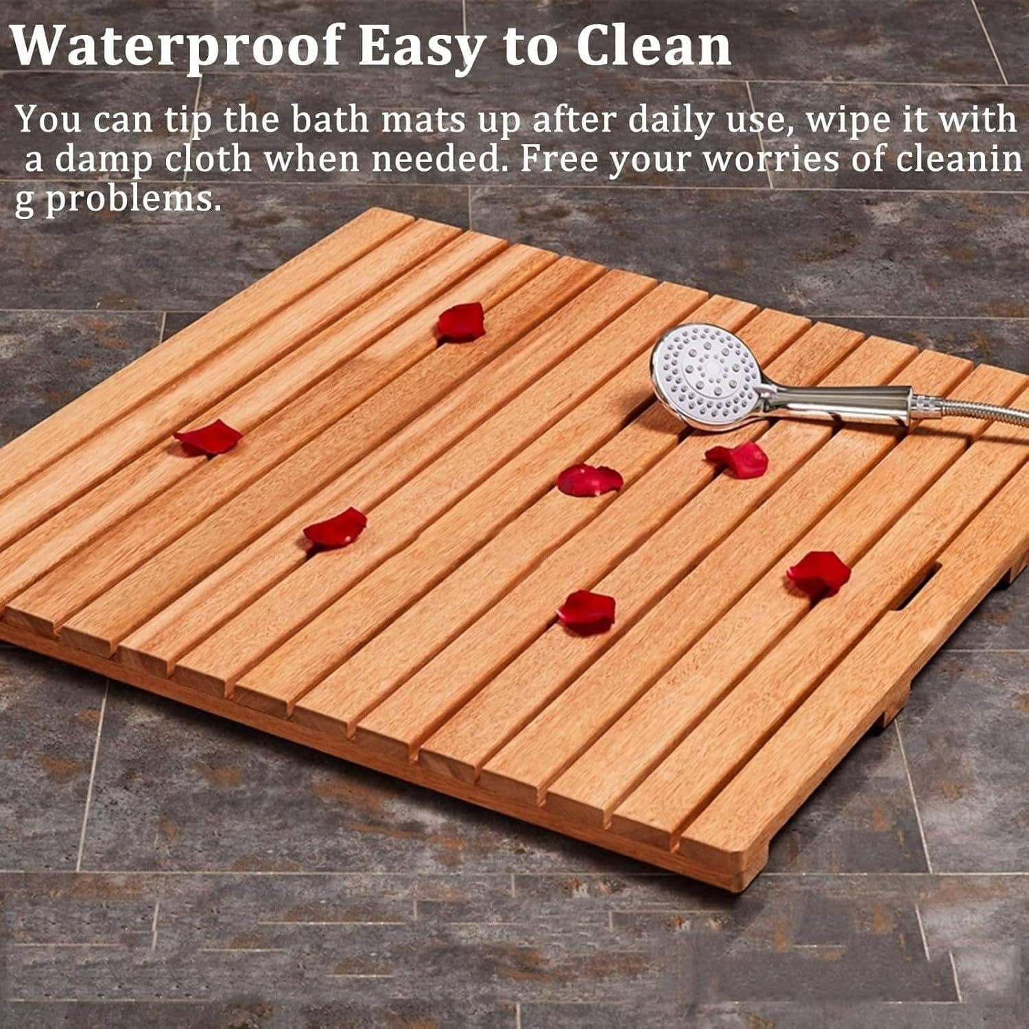 Alfombrilla de ducha de madera natural, tabla de drenaje de baño antigrietas, almohadilla antideslizante para ducha, balcón y puerta, tamaño personalizado (61 x 71 cm)
