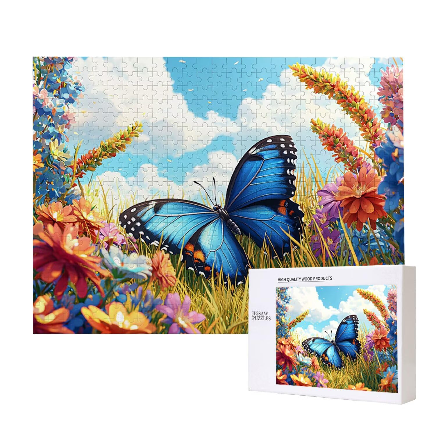 Drewniane puzzle dla dorosłych 1500 sztuk | Niebieski motyl | Zabawki edukacyjne | Puzzle dla dorosłych i dekoracje rodzinne | Rozmiar 87 x 57 cm | Prezent dla dorosłych | Prezenty świąteczne (rozmiar