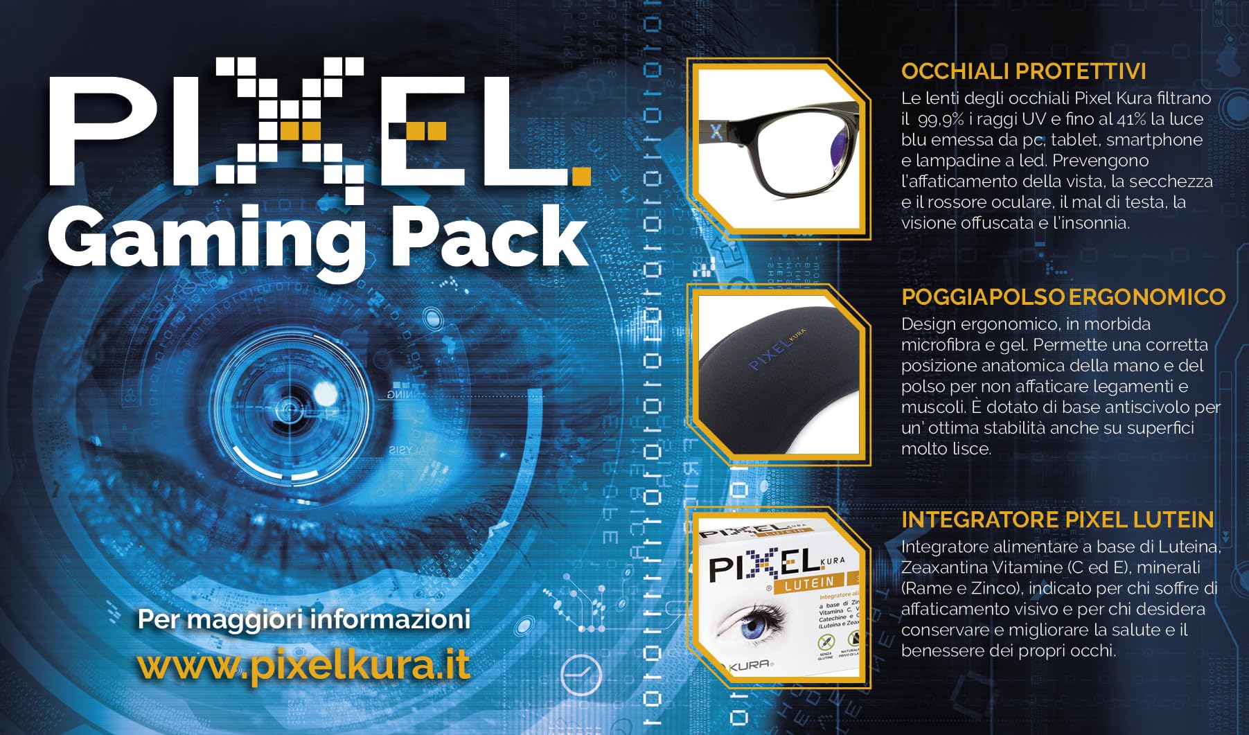 Pixel Gaming Pack, Soluzione per Il Gamer: Minor Stanchezza e Affaticamento, Protezione Occhi Grazie a Occhiali con Filtro Luce Blu e Raggi UV, Poggiapolso Ergonomico, Integratore Occhi. novità!!