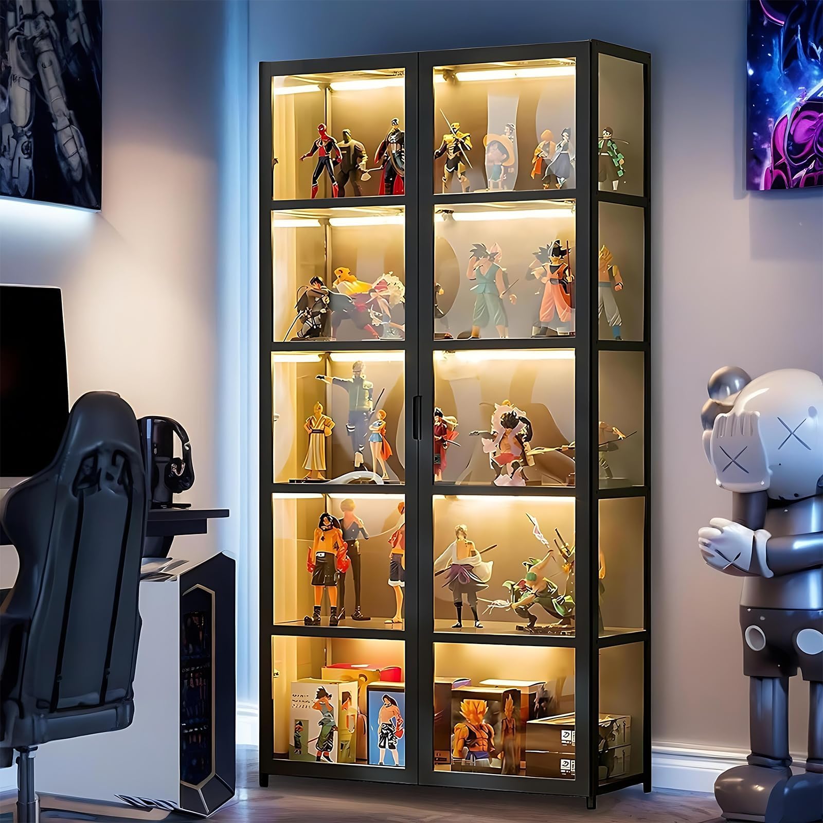 Curio Display Cabinet, 5-Tier Display Case with Acrylic Doors, Transparent Display Shelf for Collectibles & Figurine, Tall Bookcase for Living Room, Bedroom, Office, Bamboo (Black Folio)