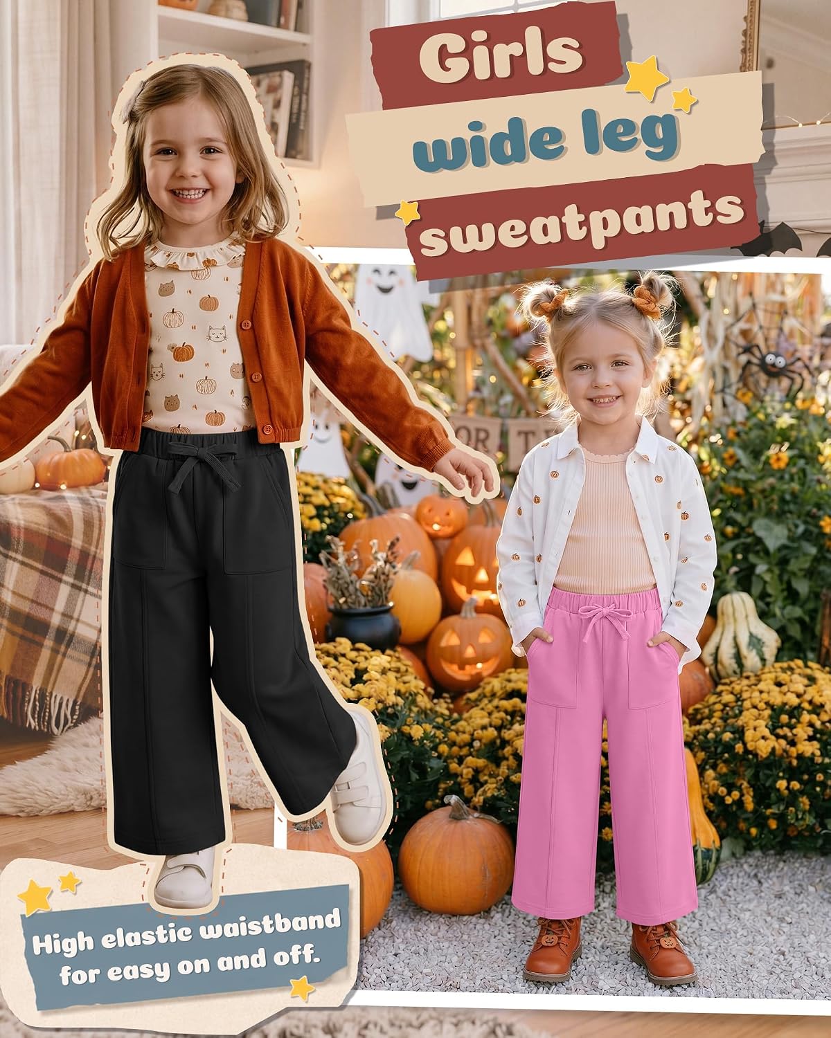 3 Pack Toddler Girls Sweatpants Kids Wide Leg Elastic Waist Drawstring Athletic Casual Open Bottom Pants Pockets