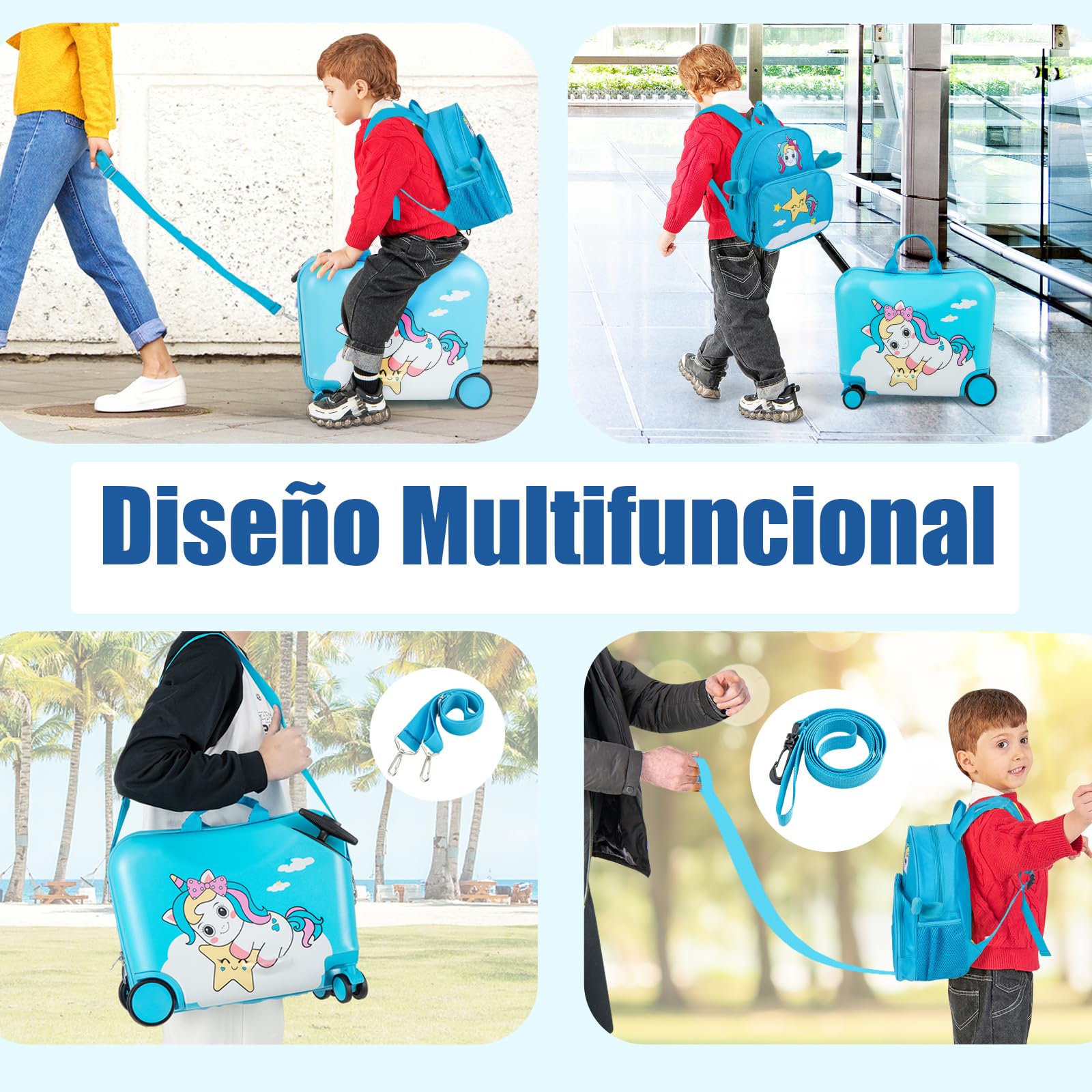 SOARS Juego de Maletas de Viaje Cabina para Niños, Trolley con Ruedas Correpasillo 40L, 18" Maleta con Ruedas + 12" Mochila Infantil con Asa y Correas Ajustables, Multifuncional (Unicornio Azul)