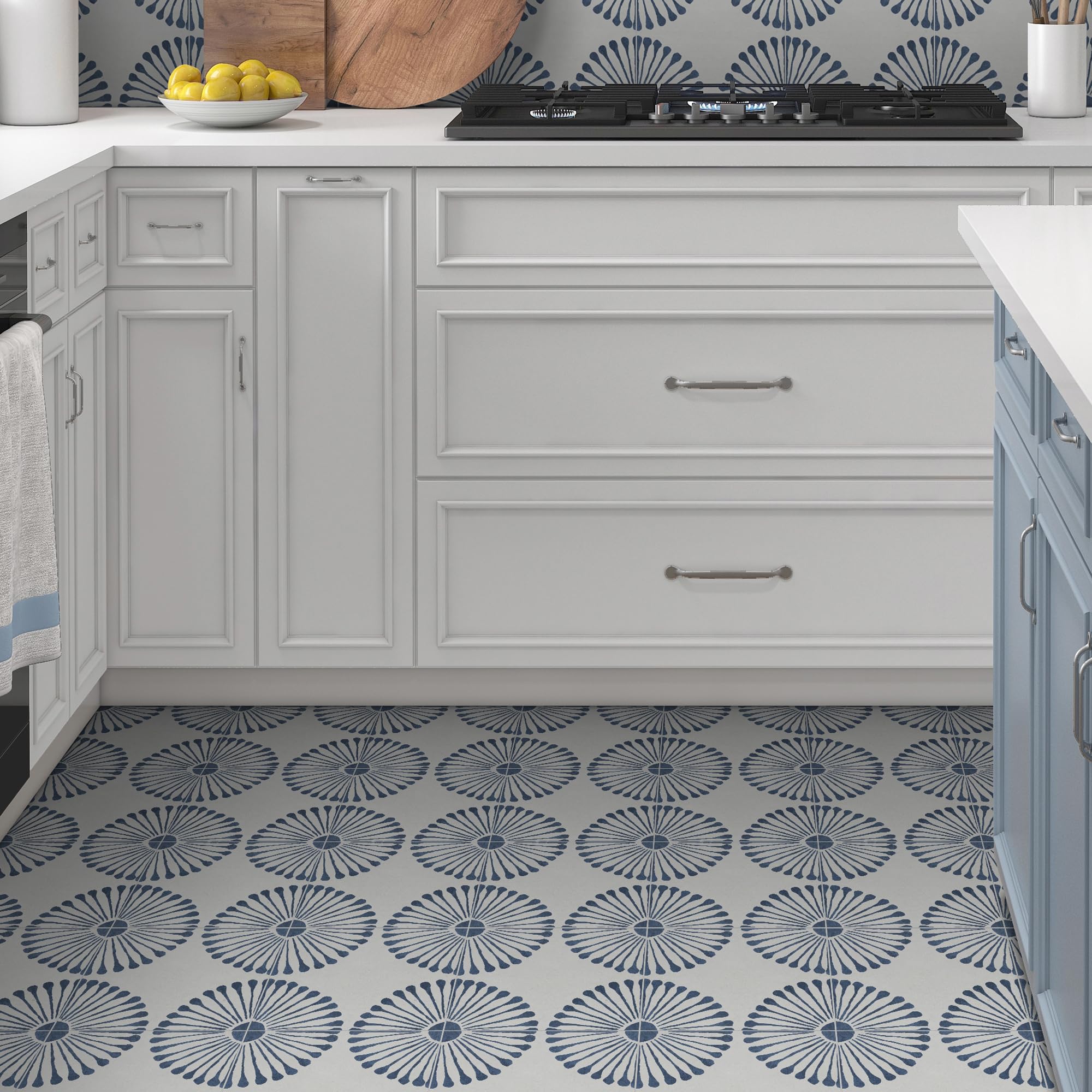 Azulejos de suelo y pared para baño y cocina, vinilo SPC, autoadhesivo, 9 x 9 pulgadas, diseño de girasol azul, 16 azulejos, 9.12 pies cuadrados