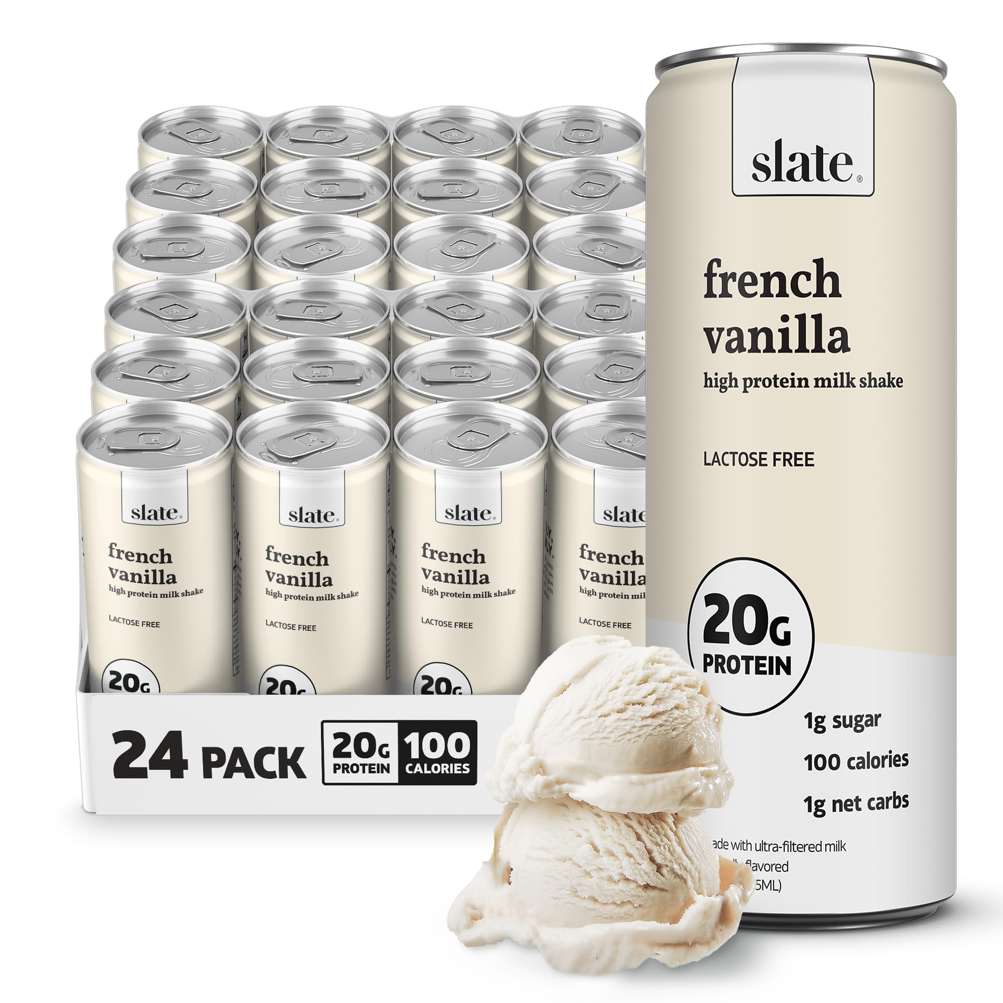 Slate Milk - High Protein Milk Shake - French Vanilla - Lactose Free, 20g Protein, 1g Sugar, 100 Calories, 1g Net Carbs, No Added Sugar - Natural, Breakfast Boost, Post Workout - 11 fl oz, 24 Cans