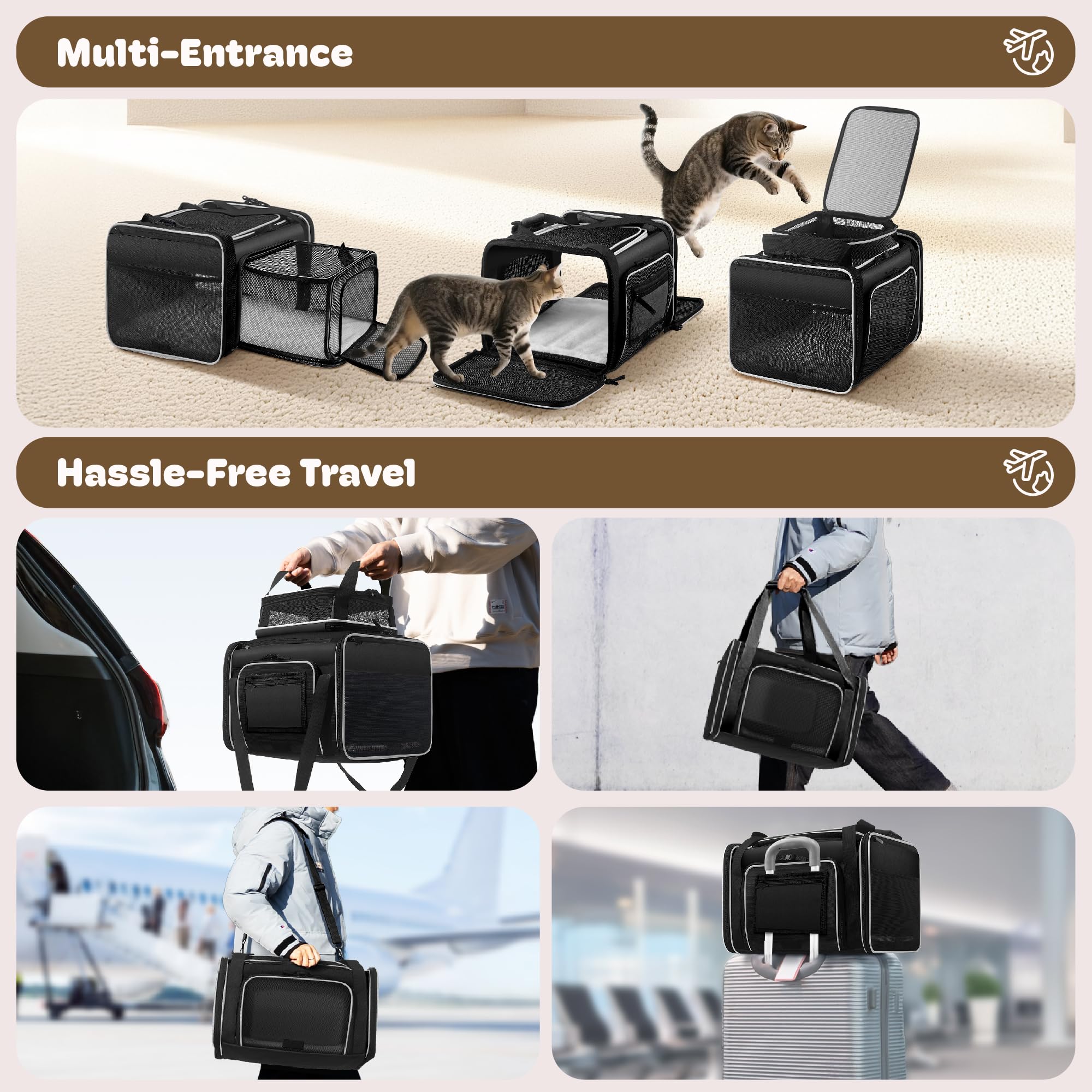Top and 2 Sides Expandable Pet Carrier 17x11x9.5,TSA Airline Approved Small Dog Carriers for Small Dogs,Soft-Sided Cat Carrier with Self-Locking Zippers for Kitten,Rabbit,Puppy,Guinea Pig Black White - image 6