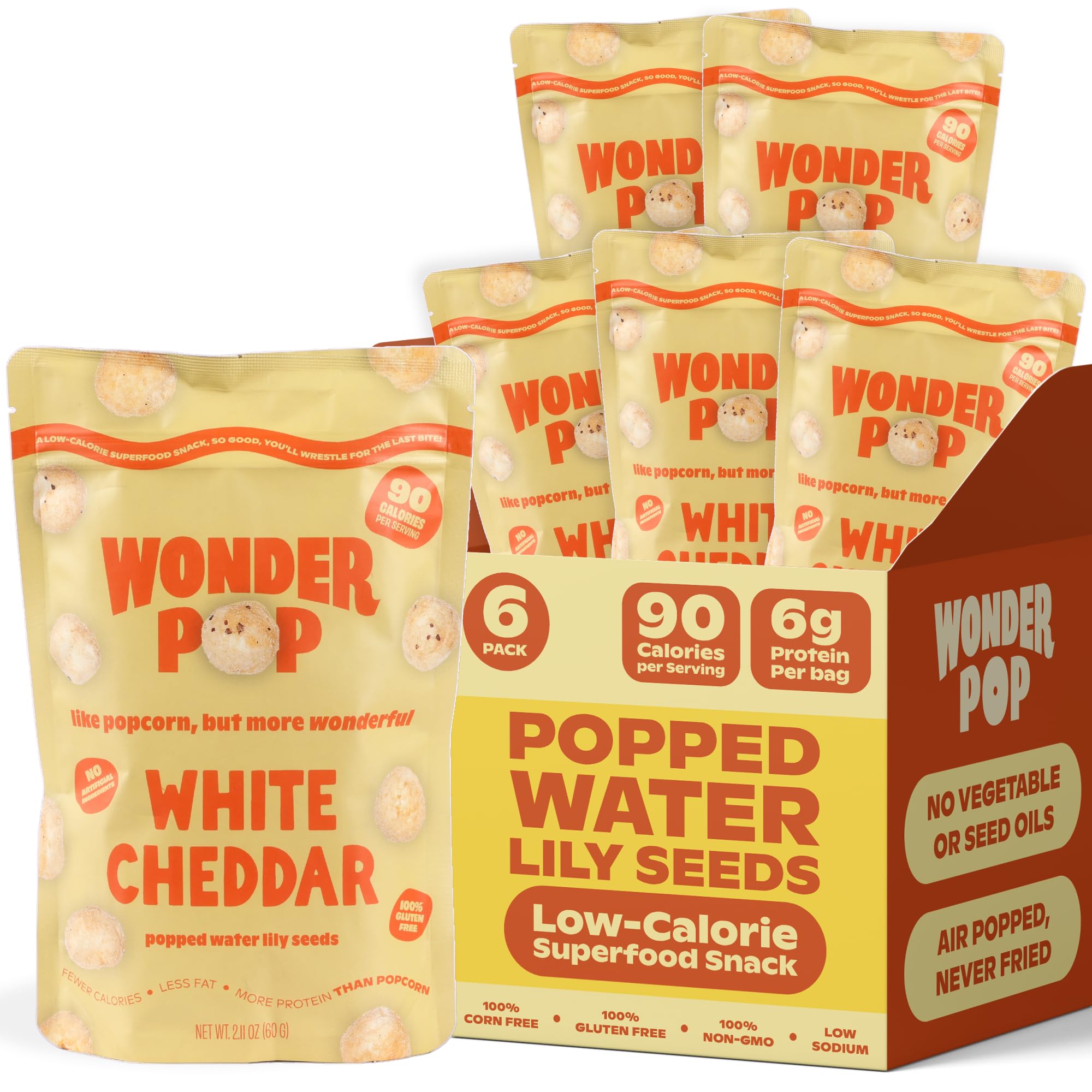 WonderPop White Cheddar – Popped Water Lily Seeds (6-Pack) | Gluten-Free, Non-GMO, 90 Calorie, 6g Protein | Crave-Worthy Low-Calorie Cheese Snack | 2.11oz Each