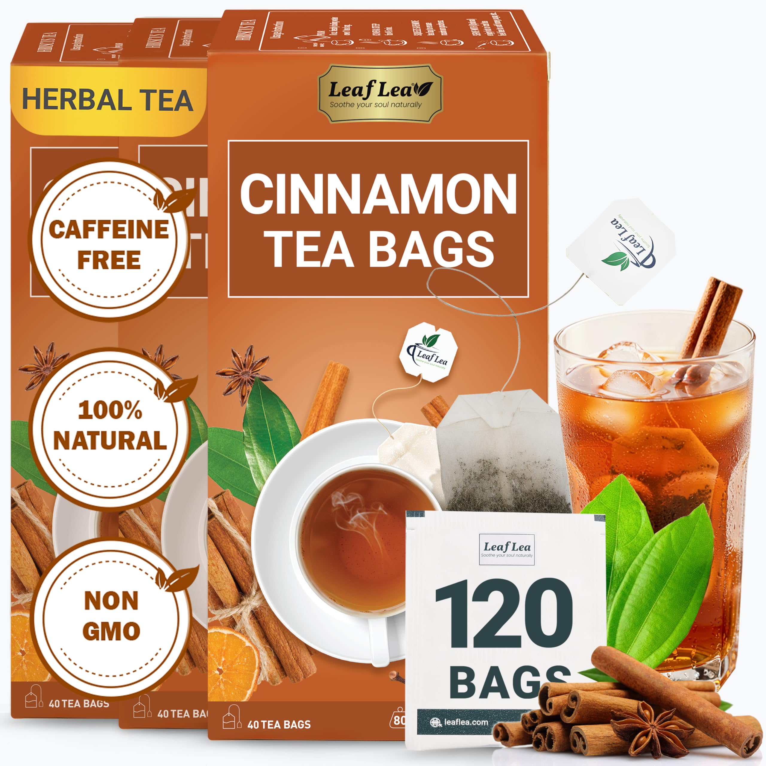 LeafLea Cinnamon Tea Bags, Warming Spice Family Value, 120 Count Cinnamon Tea 120 Tea Bags (Pack of 3)