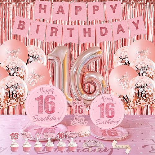 Decoraciones de fiesta de cumpleaños número 16, suministros de fiesta de oro rosa para niñas, cortinas de flecos de aluminio, platos, mantel, disponible en Yaxa Peru