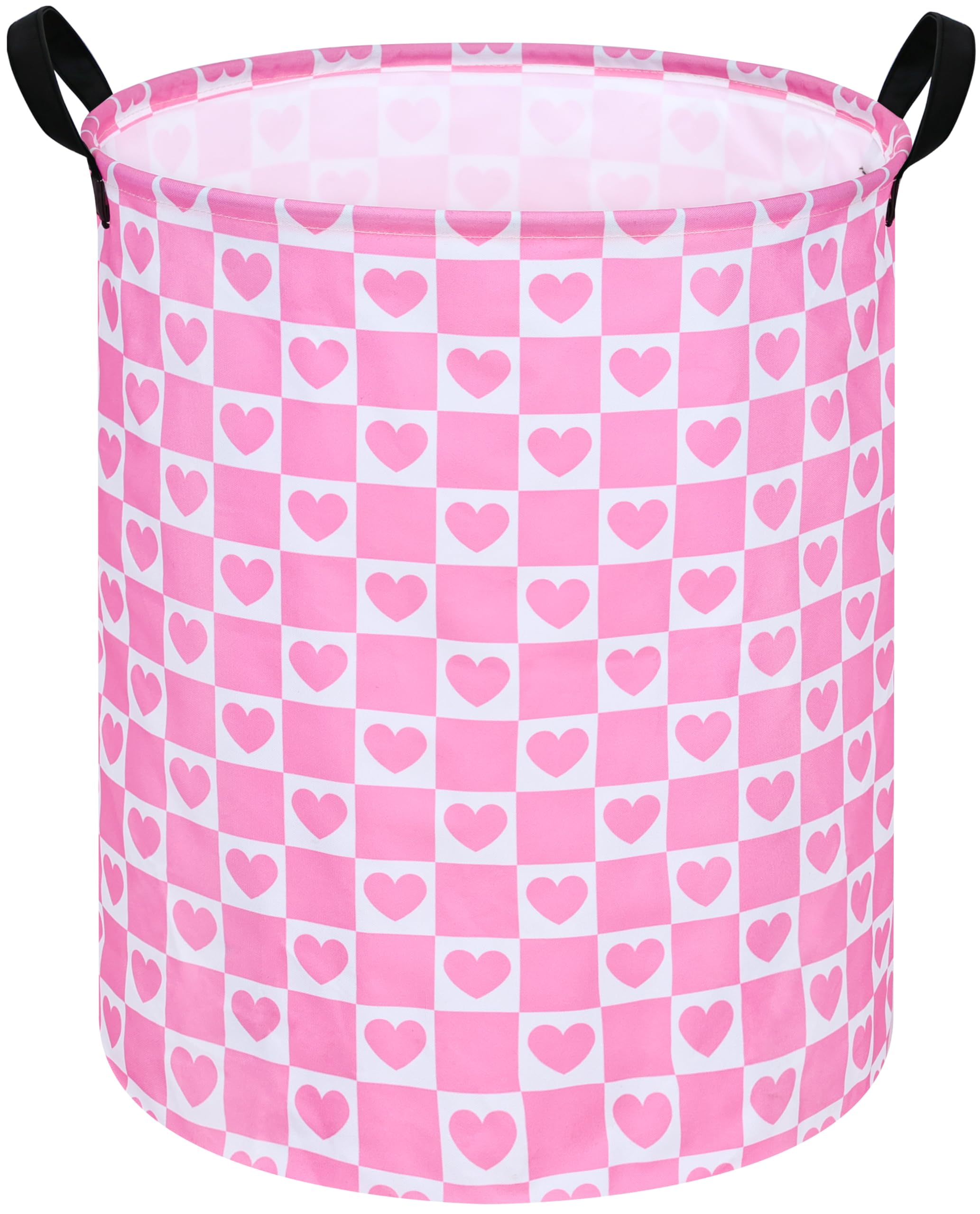 ACMUUNI 19.7 Inch Round Pink Valentine's Day Laundry Clothes Hamper Laundry Basket with Handles,Storage Organizer Bins Laundry Gift Basket for Room,