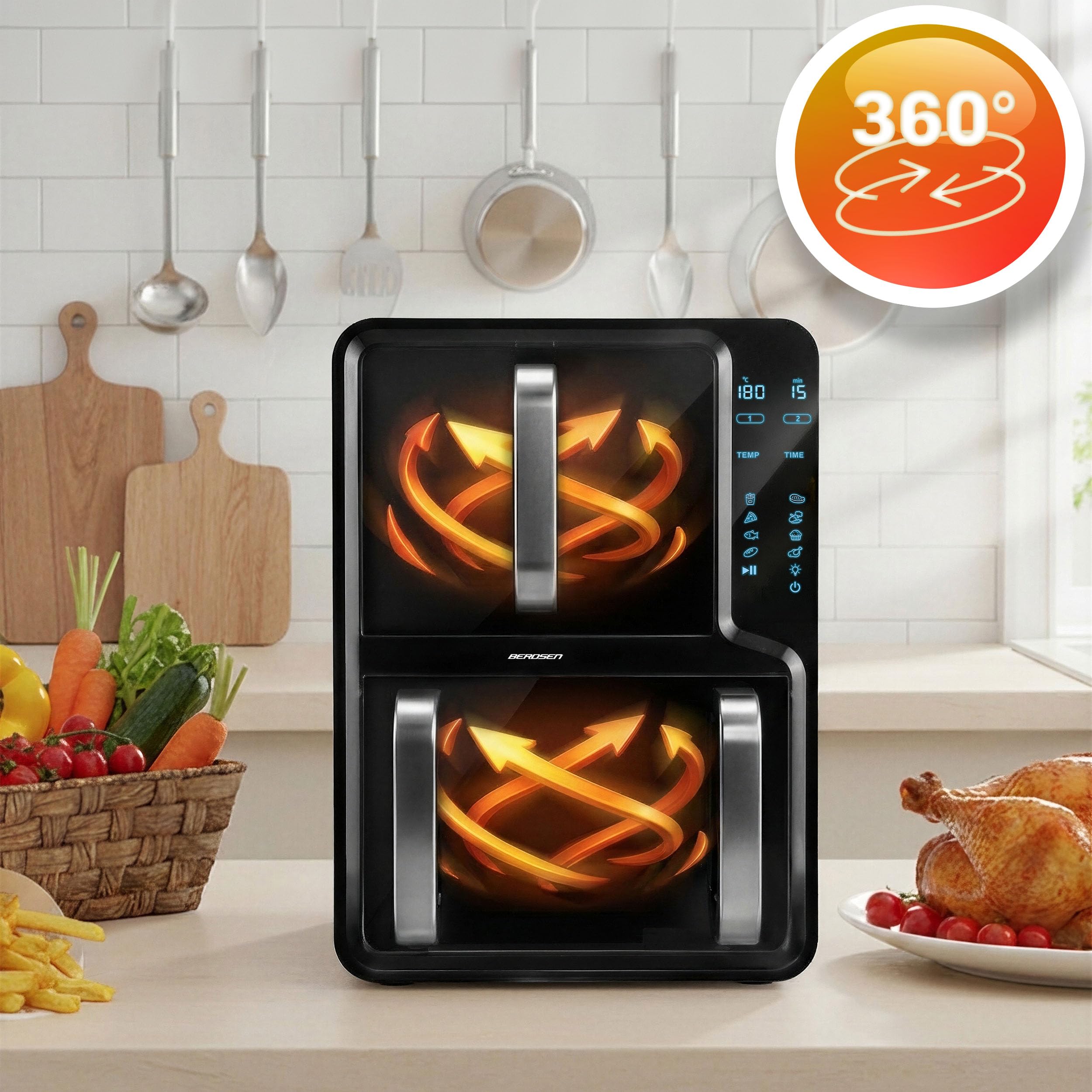 Berdsen Frytkownica Beztłuszczowa Airfryer na Gorące Powietrze 12 l - Dwukomorowa Pionowa 5 l + 7 l, 2800 W, 8 Programów, Ekran Dotykowy, Okienko LED - Pieczenie, Grillowanie i Suszenie - Czarna