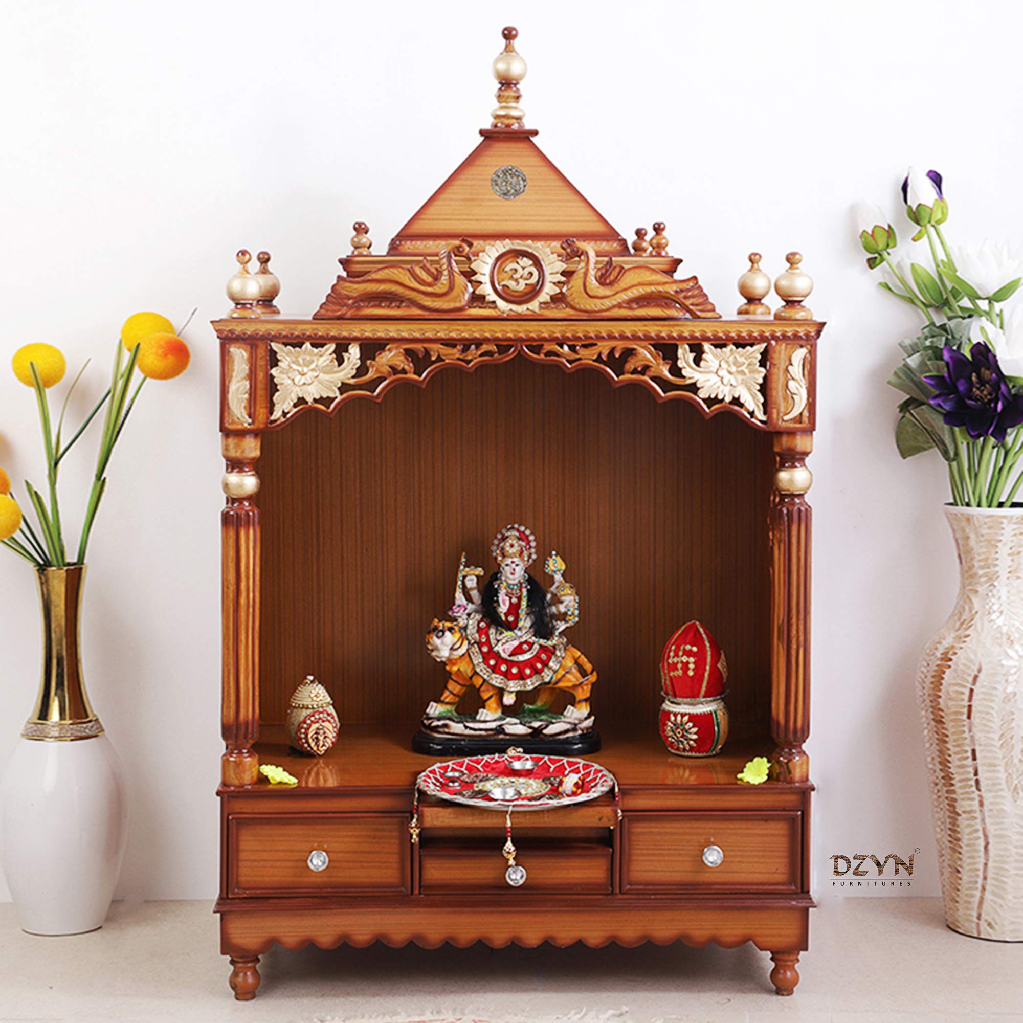 DZYN Furnitures Sacred Space Medium Wooden Temple Mandir with Door Floor Rested with Premium Gloss Finish/Made with 100% Teak Wood Teak Ply Pooja Stand for Home(Brown Gold)