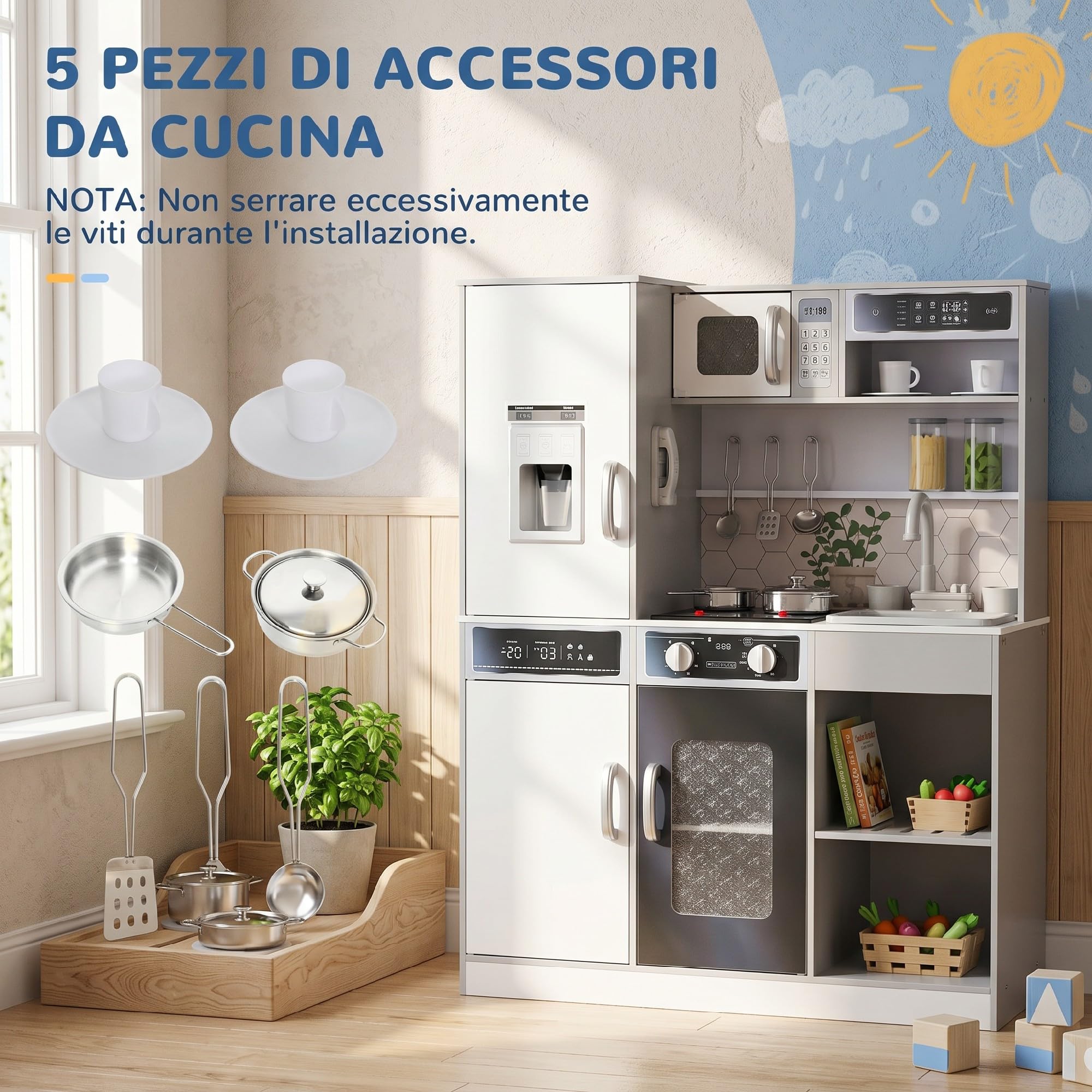 AIYAPLAY Cucina Giocattolo per Bambini in Legno con Fornello, Luci e Suoni, Forno, Microonde, Frigo, Macchina del Ghiaccio, Caffettiera, Lavello con Ricircolo d'Acqua e Accessori, per 3-8 Anni