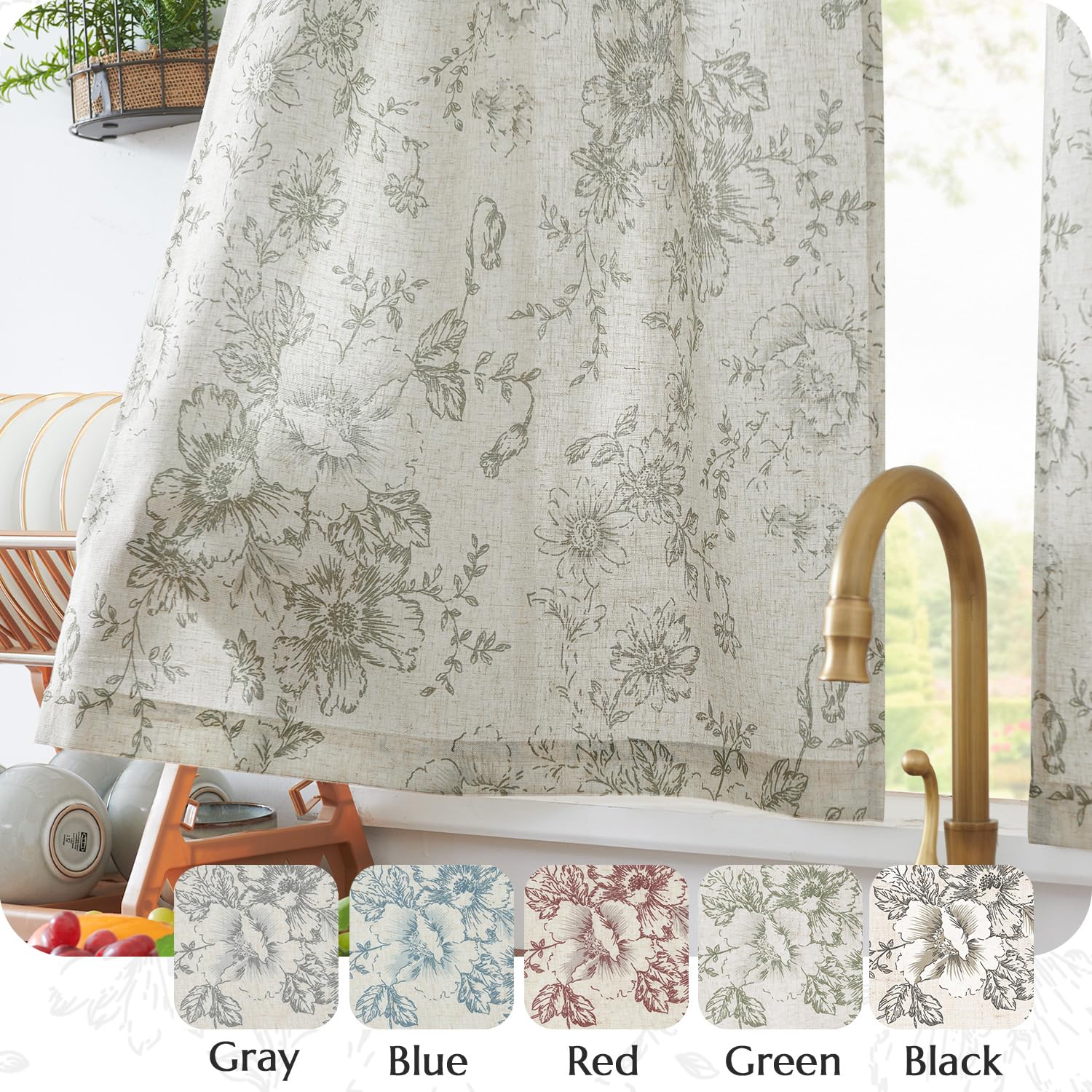 Vangao Linen Kitchen Curtains Floral Tier Drapes 36 Inch Farmhouse Botanic Cafe Curtains Small Window Drapes Rustic Half Window Treatments for Living Room Bathroom Laundry 2 Panels Green on Beige