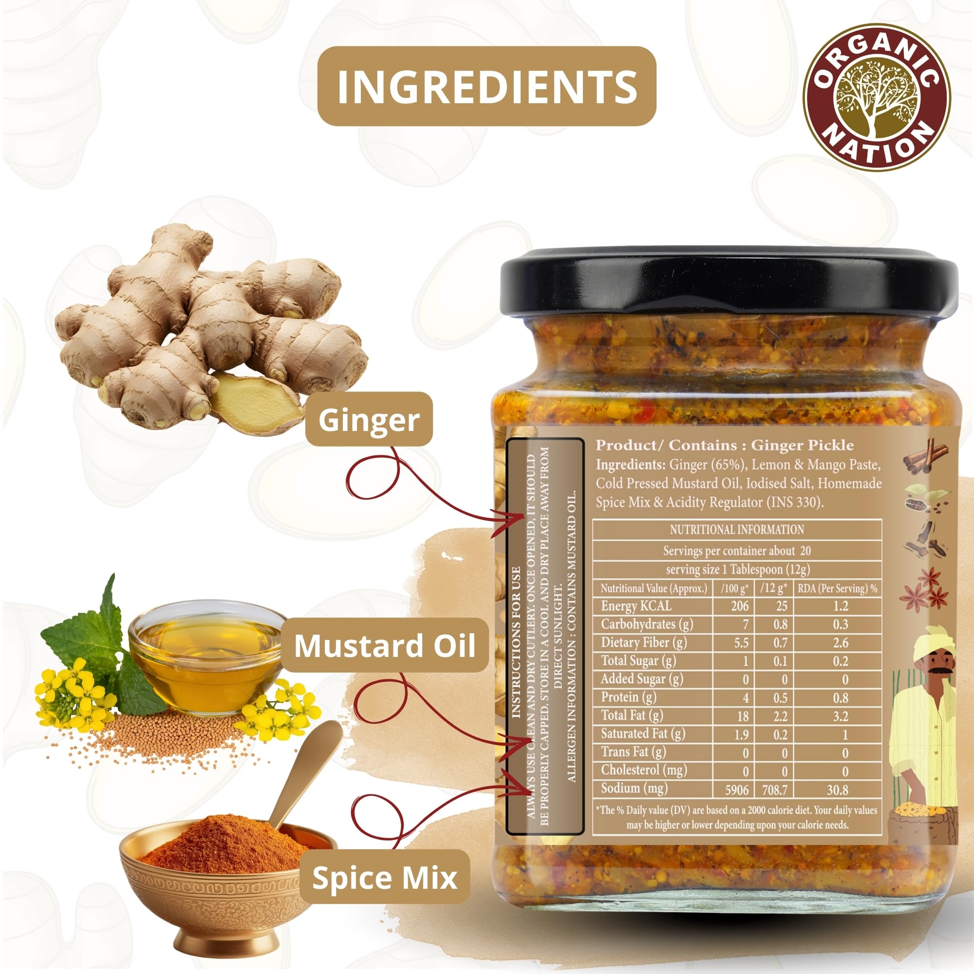 ORGANIC NATION Zesty Adrak Achari Fusion Ginger Pickle - Homestyle Indian Pickle with Authentic Flavor, Perfectly Mixed for a Tangy Delight, 250g, No Preservatives Natural Golden Hue 3