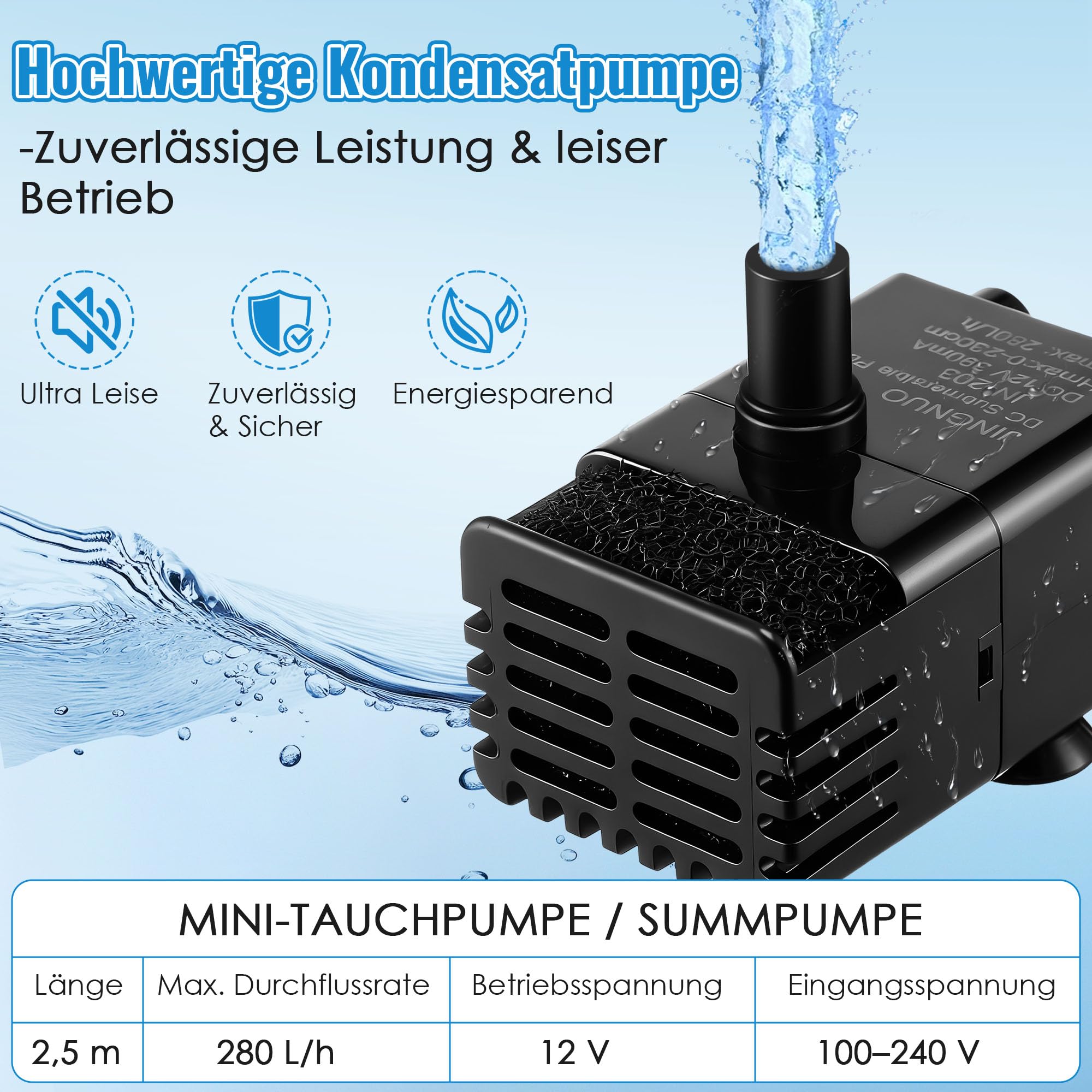 Weewooday Pompe mini automatique avec capteur d eau, tuyau 2,5 m & clapet, 280 L/h pour clim, déshumidificateur, sous-sol, machine à glaçons marche/arrêt automatique & silencieuse