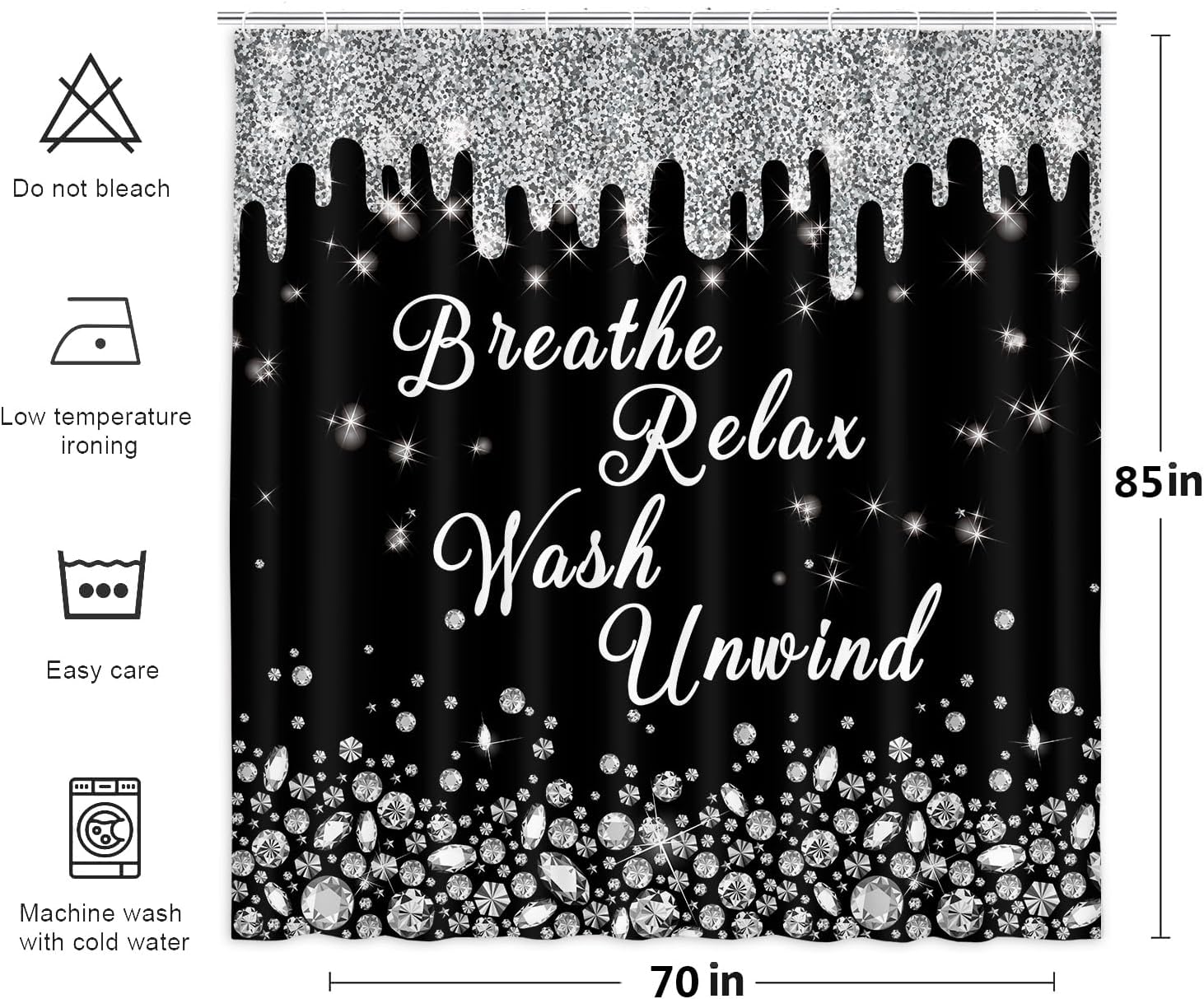 Black Silver Glitter Diamond Shower Curtain, Bling Shiny Queen Style Bathroom Curtain Decor, Modern Luxury Sparkly Shower Curtain Set with 12 Hooks, 70X85IN