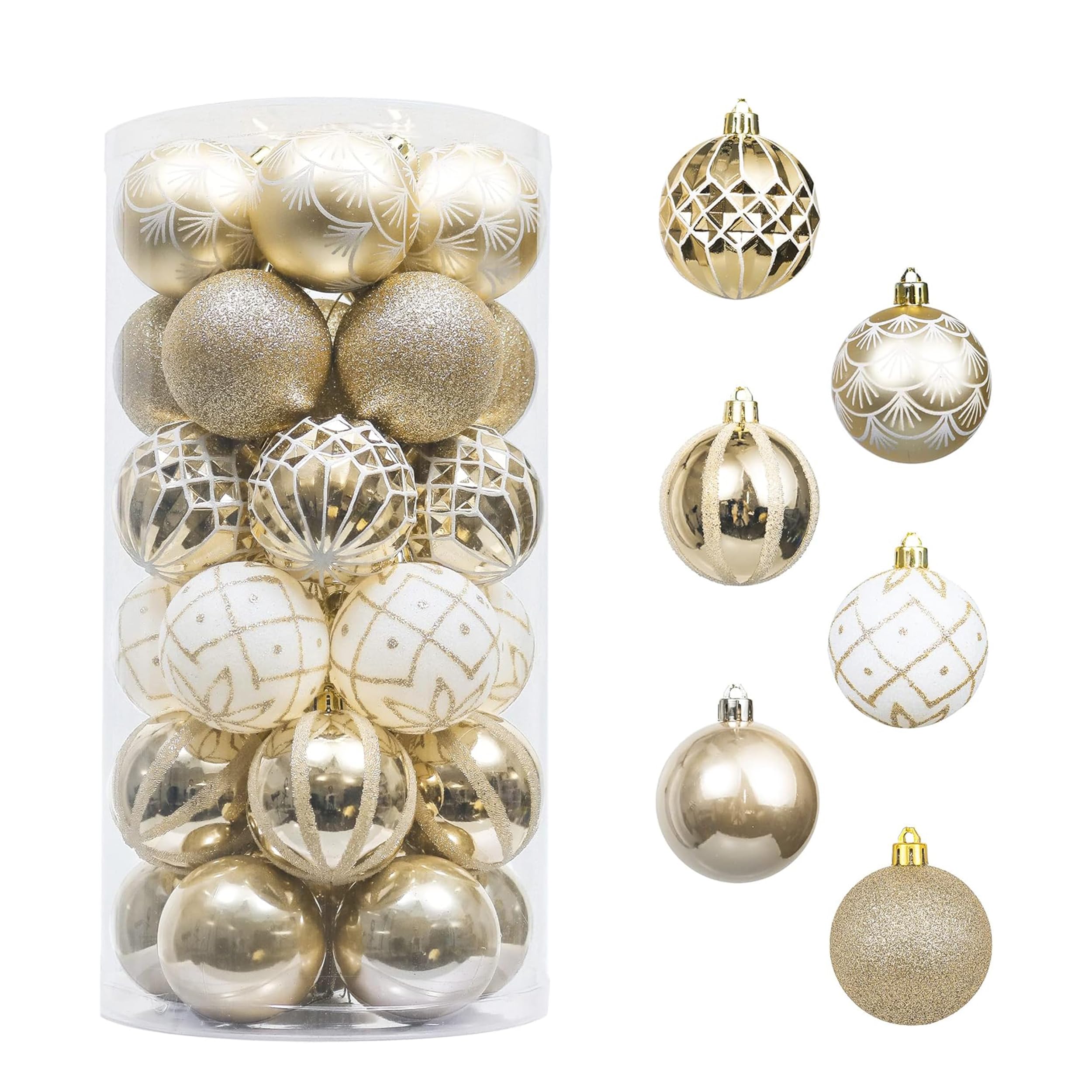 Valery Madelyn Lot de 30 boules de Noël - 5 cm - En plastique incassable - Décoration de Noël avec pendentif pour fête - Thème élégant - Blanc doré (M)