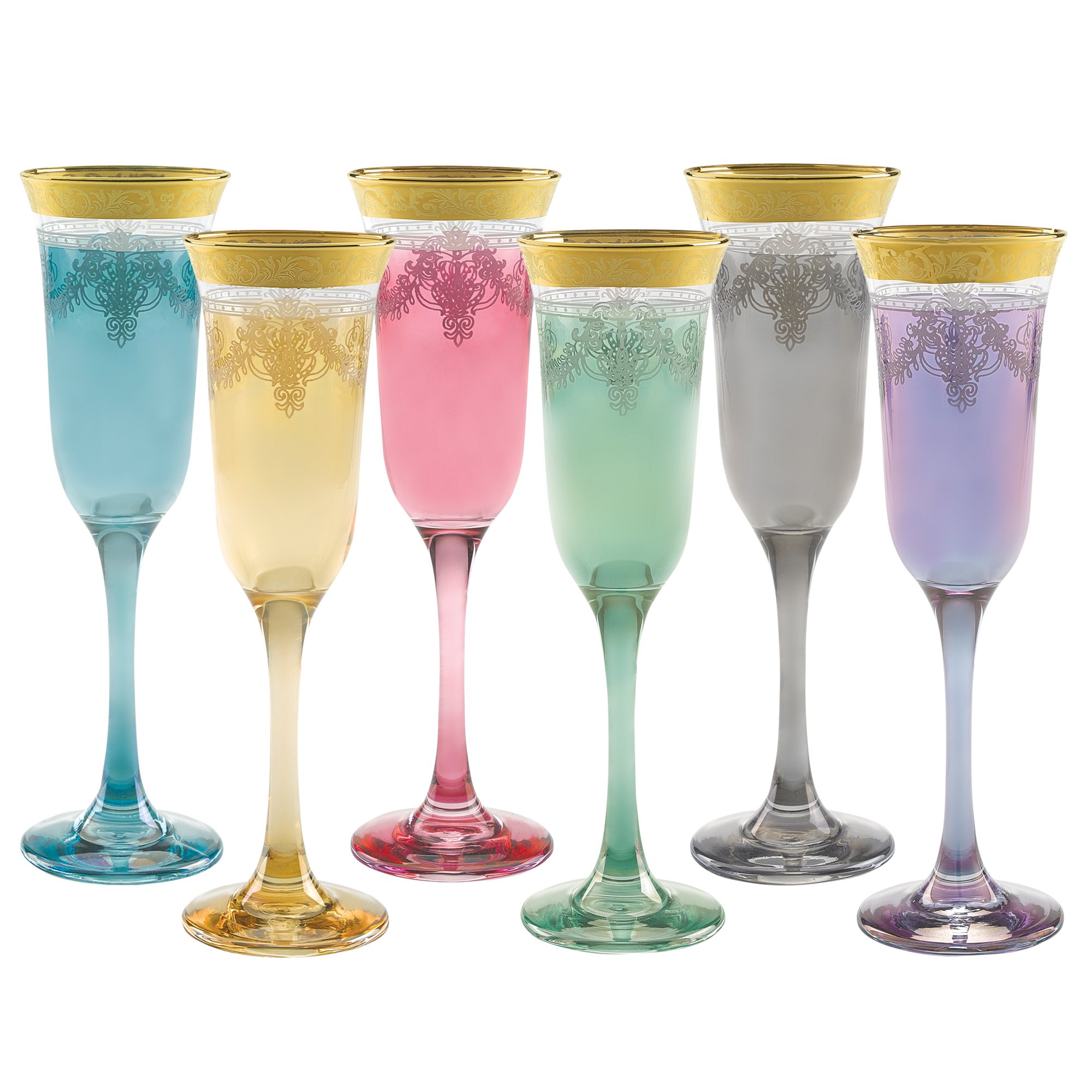 Lorren Home Trends9457 Multicolor Flutes Set of 6 with Gold Band, Glass, Clear