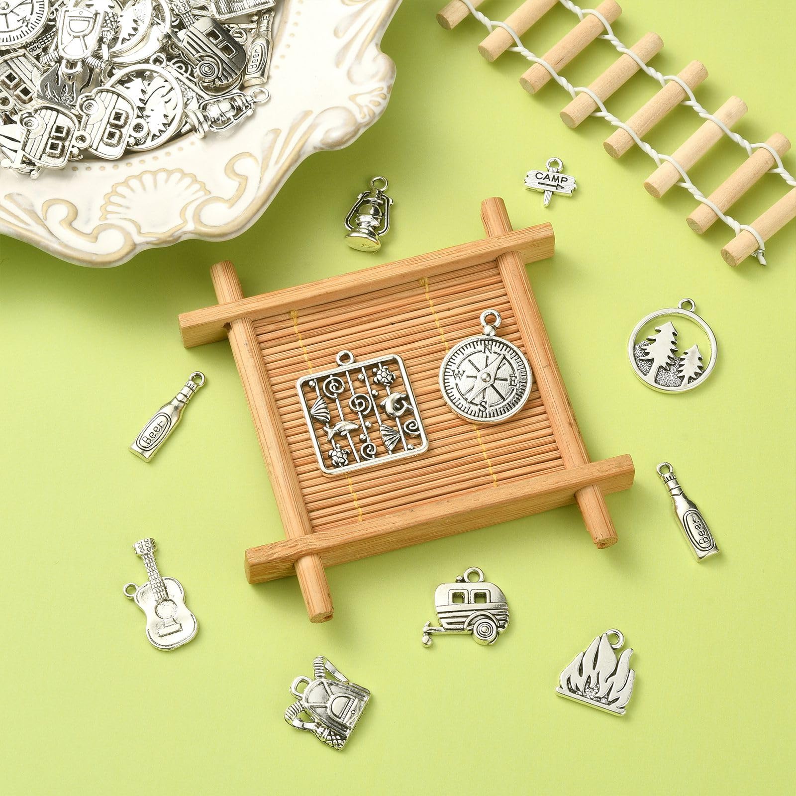 Stiesy 100Pcs 10 Styles Tibetan Silver Camp Charms Vintage Compass Guitar Pendant Charms Antique Travel Camping Van Charm for DIY Bracelet Jewellery Making - Image 4