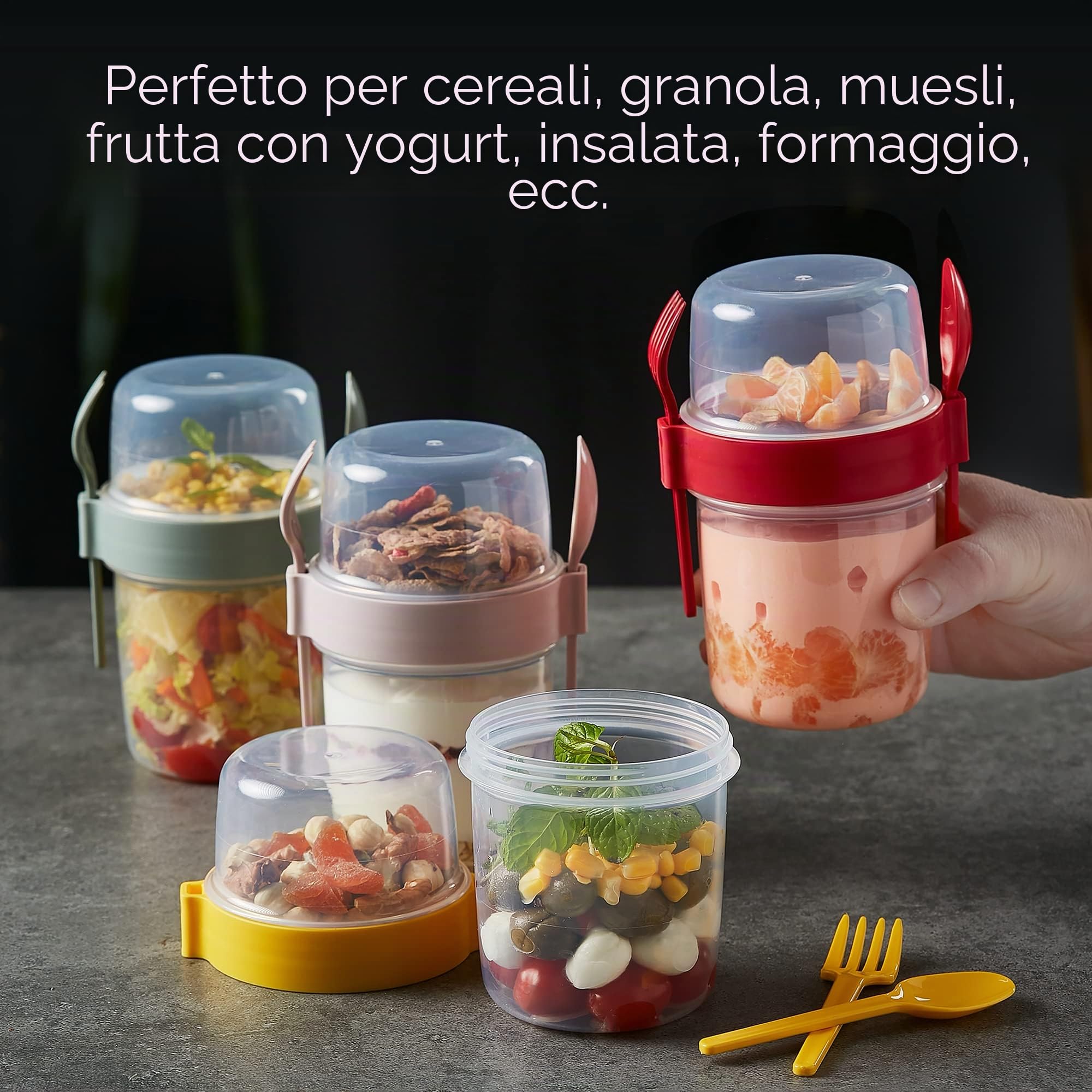 Crystalia Riutilizzabili Tazza di Muesli To Go, 4-Set, SENZA BPA Tazze Cereali con Coperchi, Tazza Viaggio, Contenitore Insalata, Porridge To Go, Porta Yogurt, Cereali Frutta Bicchiere